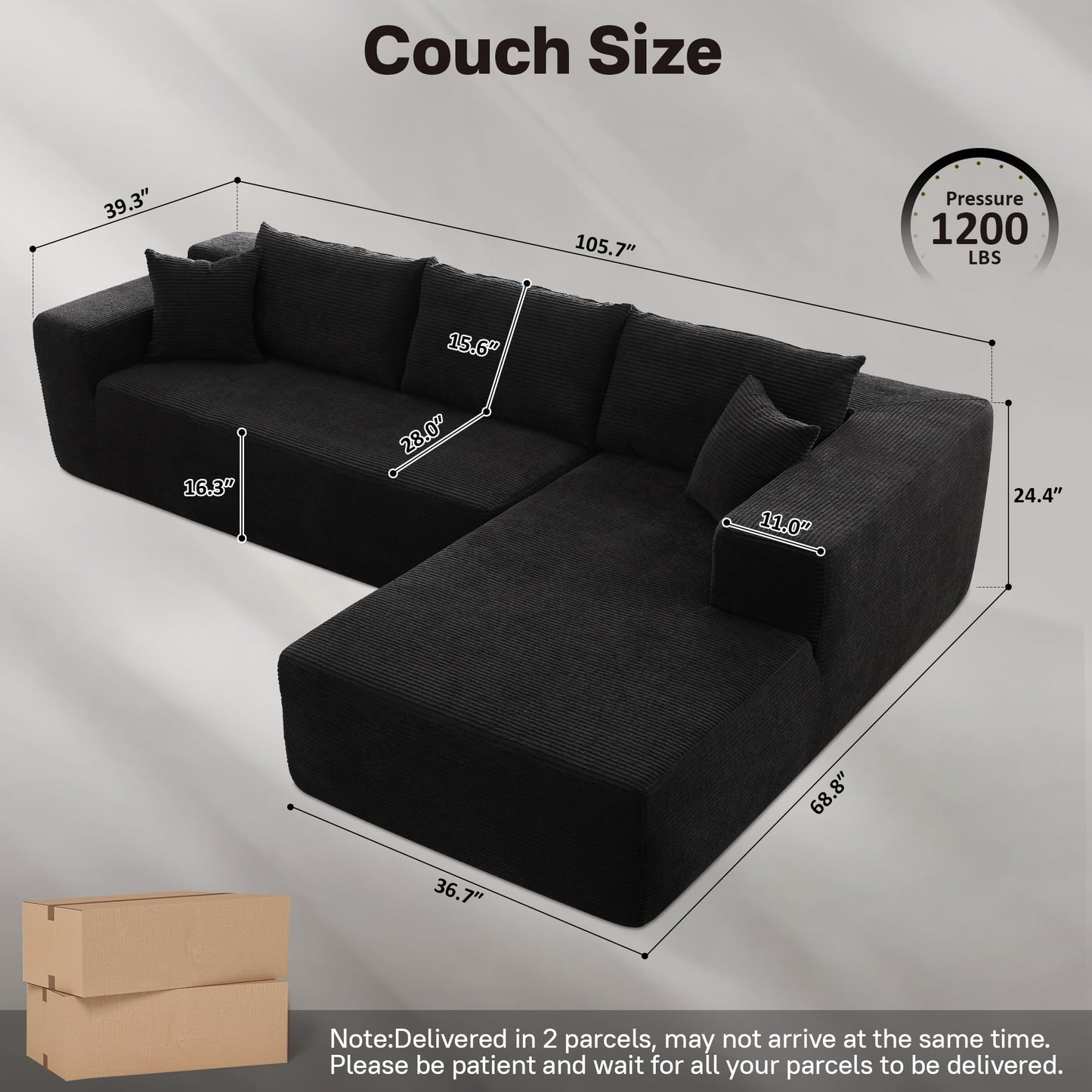 OVIOS 104" L-Shape Modular Couch with Chaise,Corduroy Fabric,No Assembly Required
