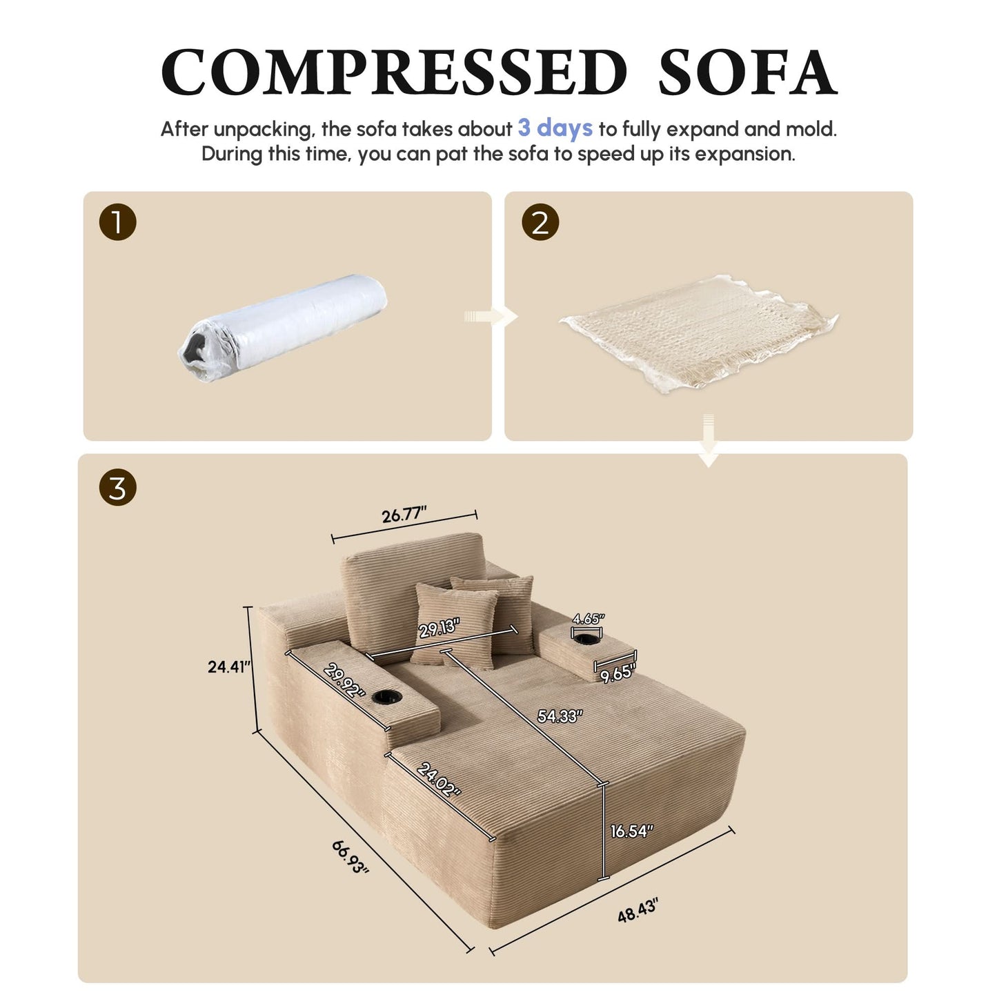 OVIOS 67'' Oversized Chaise Lounge ,Corduroy Sleeper Sofa with Cup Holders