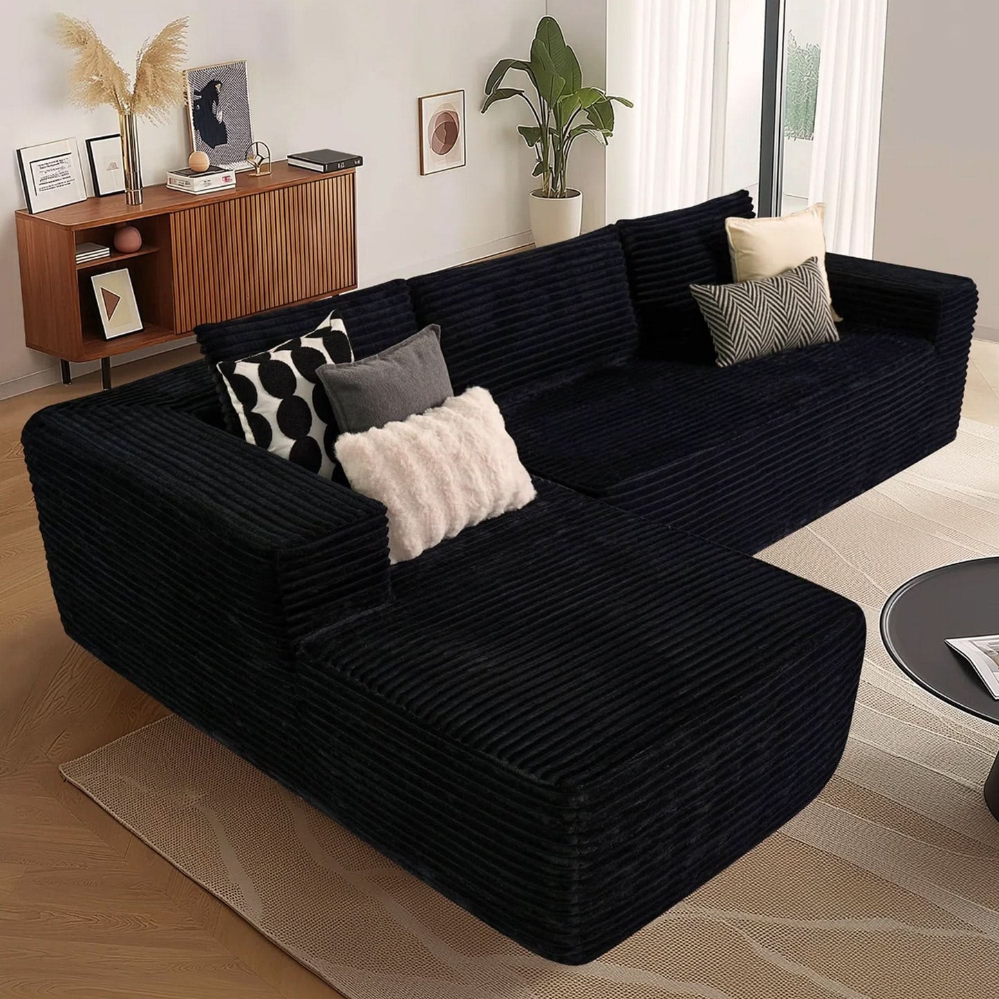 OVIOS 104" L-Shape Modular Couch with Chaise, Plush Corduroy Fabric, No Assembly Required