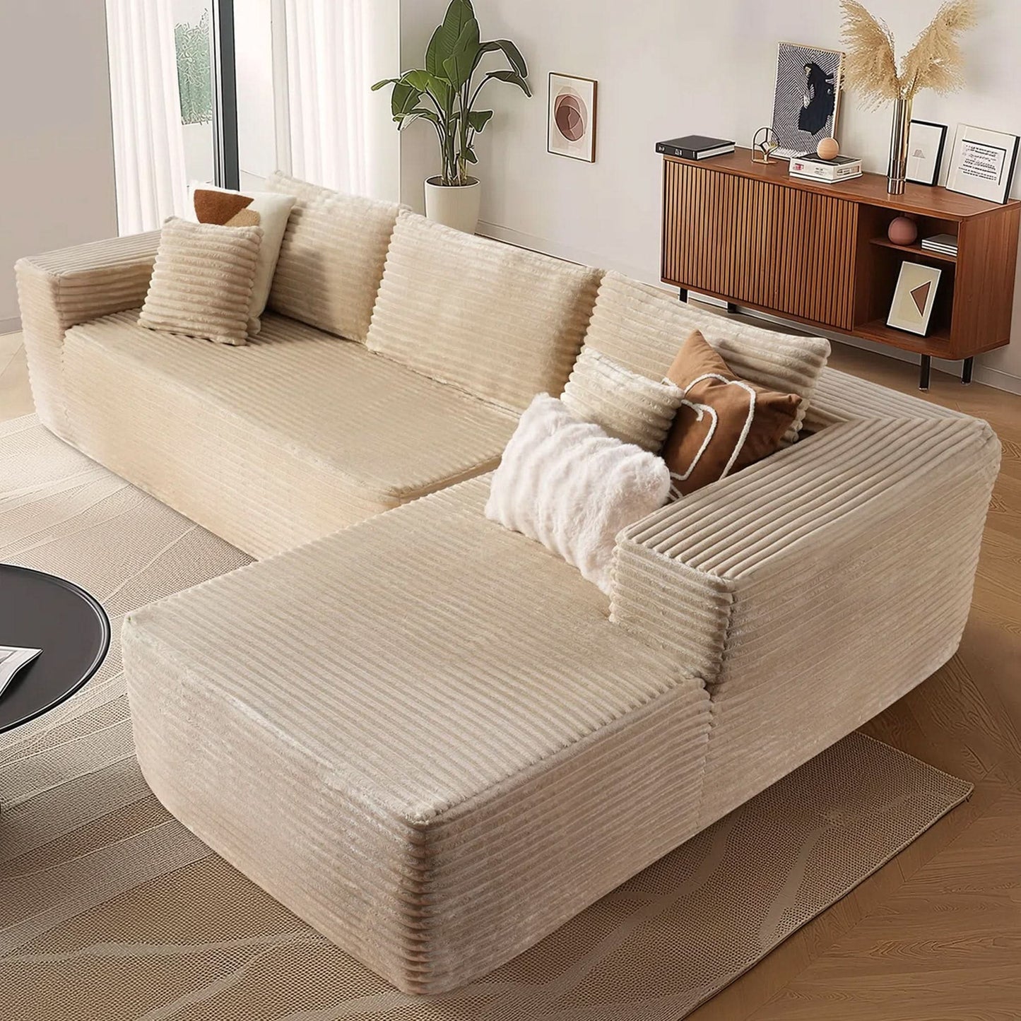 OVIOS 104" L-Shape Modular Couch with Chaise, Plush Corduroy Fabric, No Assembly Required