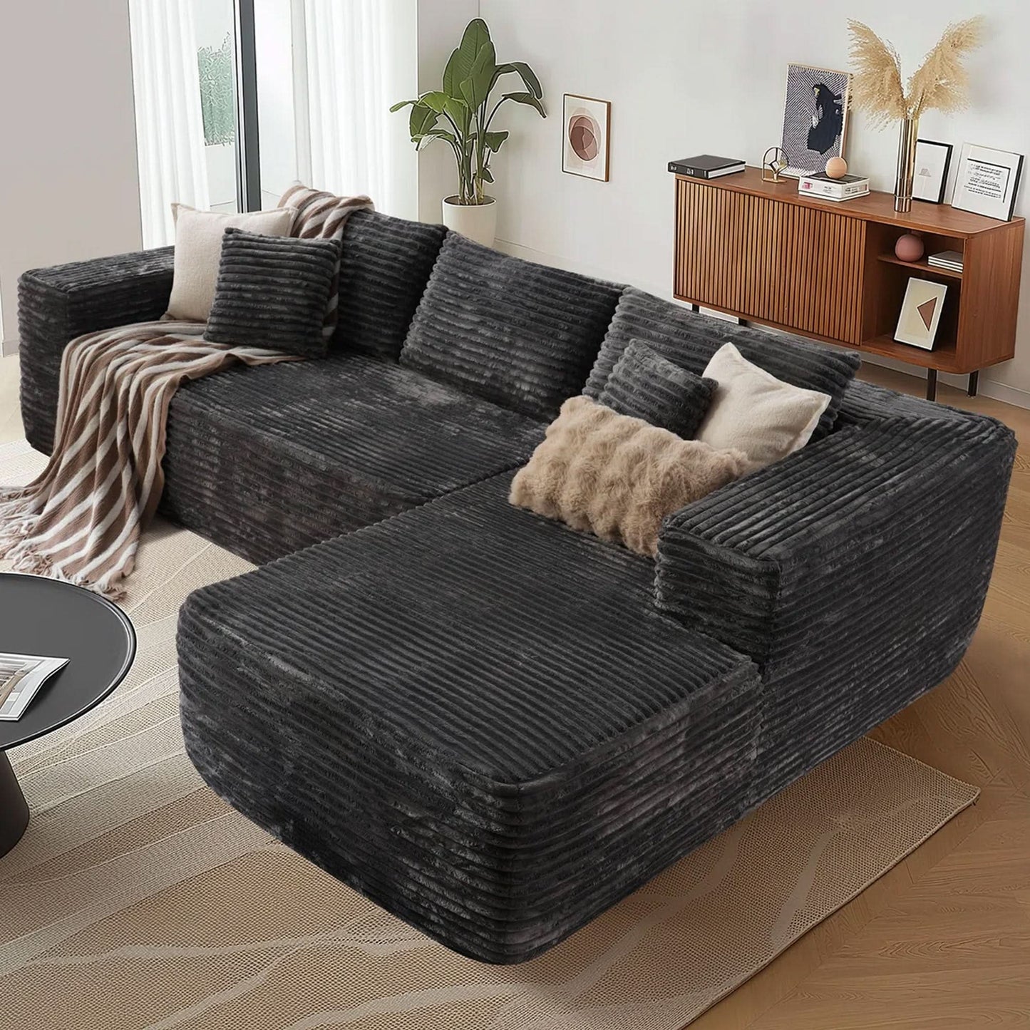 OVIOS 104" L-Shape Modular Couch with Chaise, Plush Corduroy Fabric, No Assembly Required