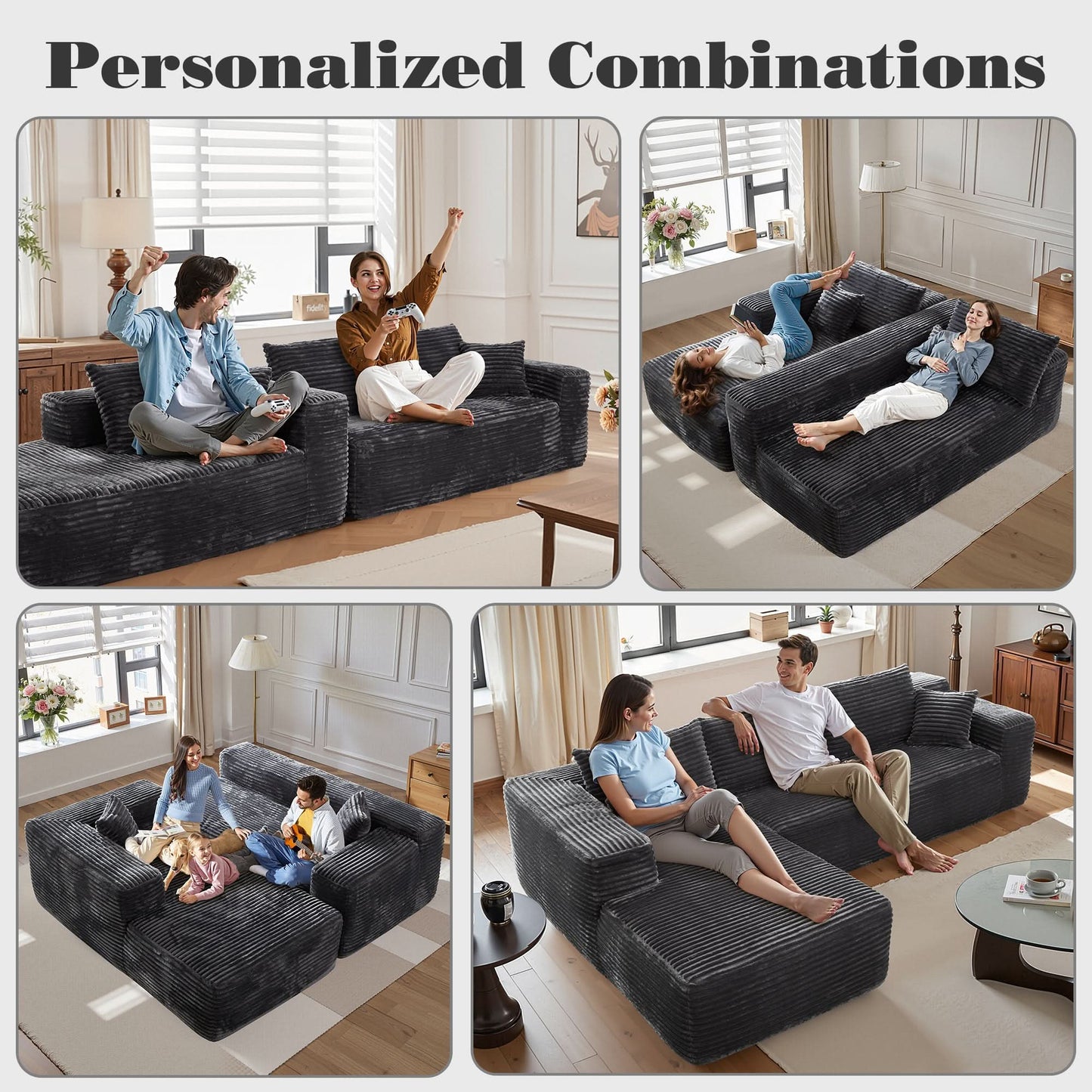 OVIOS 104" L-Shape Modular Couch with Chaise, Plush Corduroy Fabric, No Assembly Required