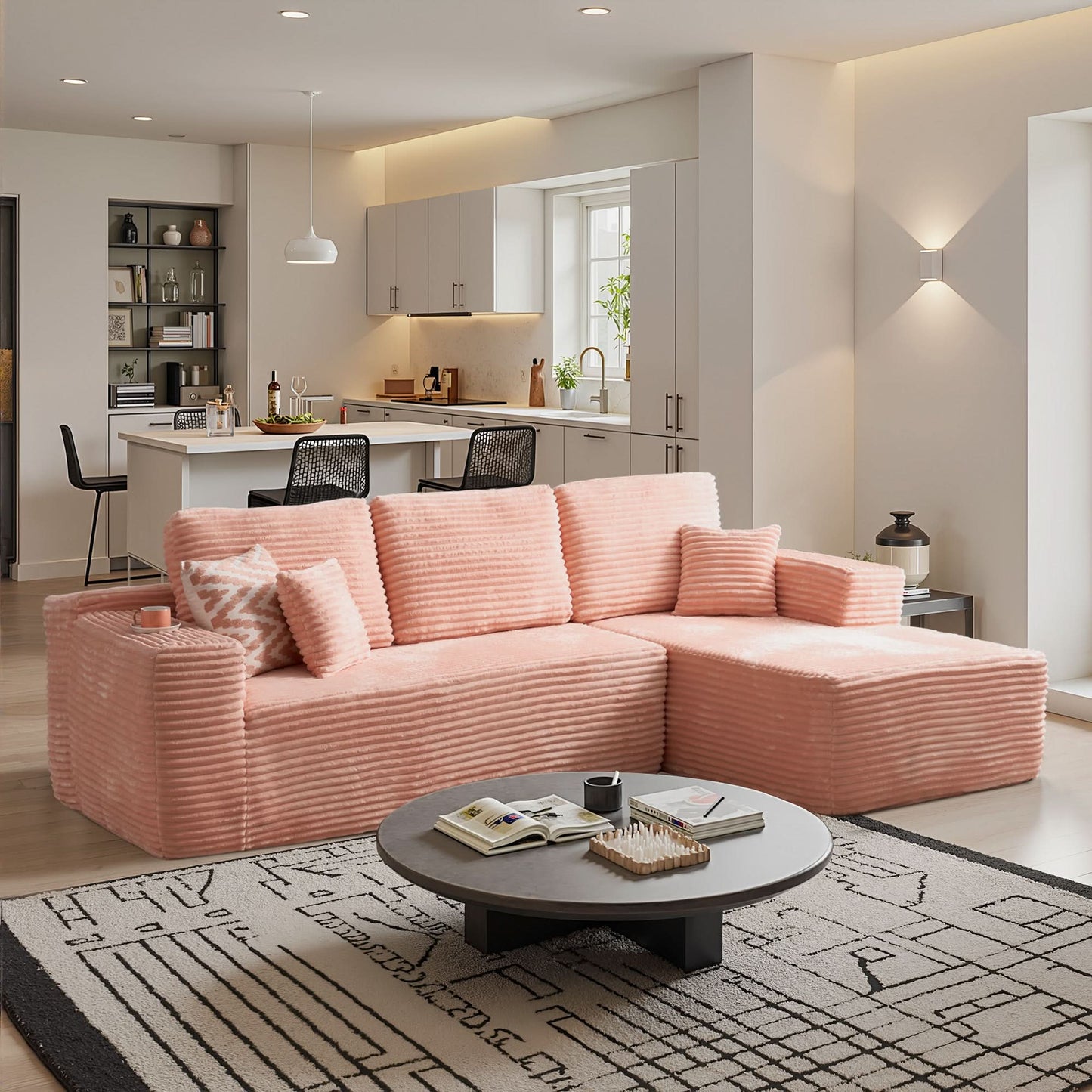 OVIOS 104" L-Shape Modular Couch with Chaise, Plush Corduroy Fabric, No Assembly Required