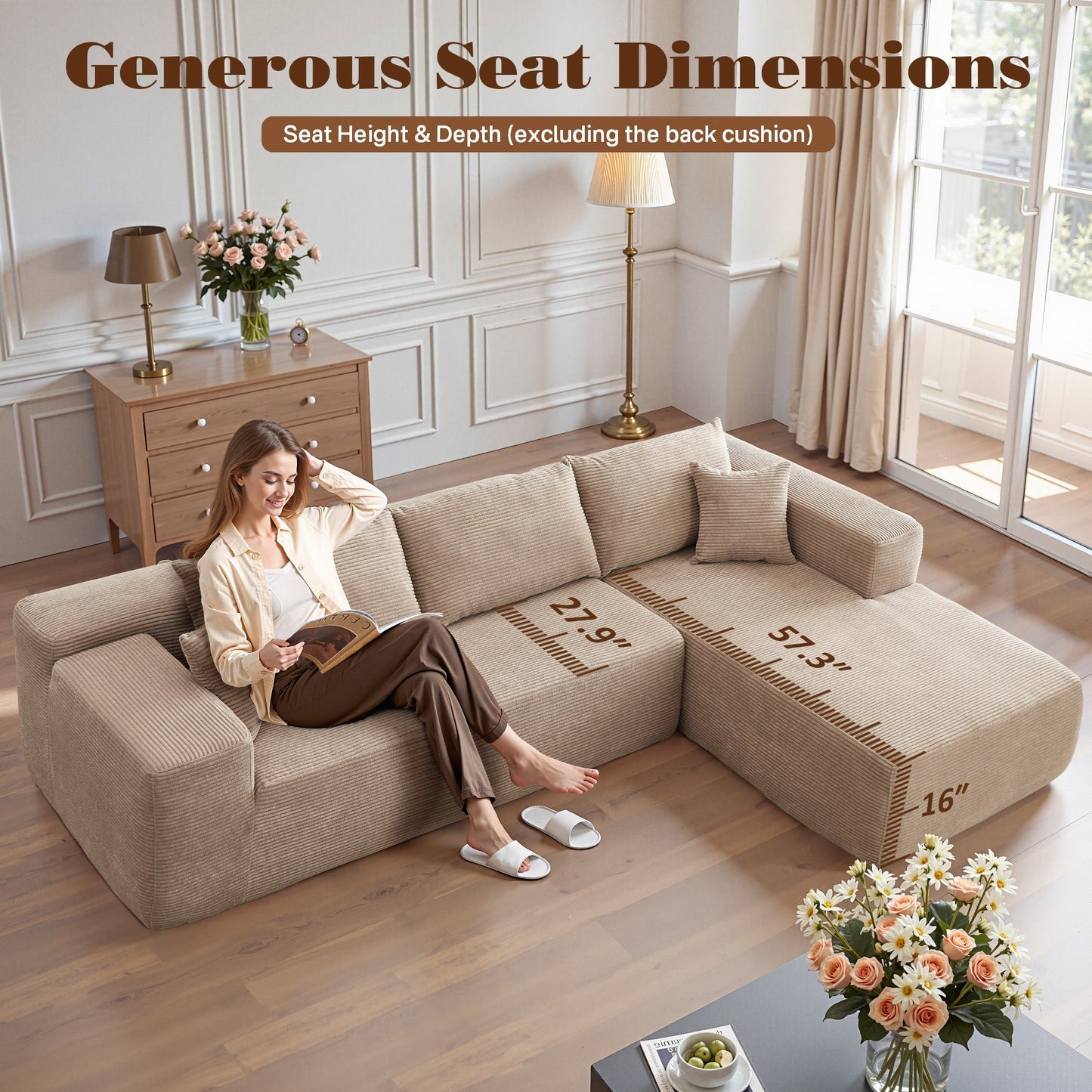 OVIOS 104" L-Shape Modular Couch with Chaise,Corduroy Fabric,No Assembly Required