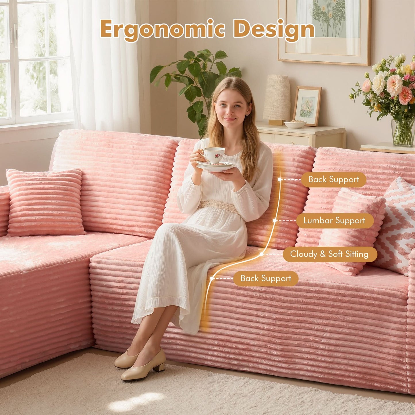 OVIOS 104" L-Shape Modular Couch with Chaise, Plush Corduroy Fabric, No Assembly Required