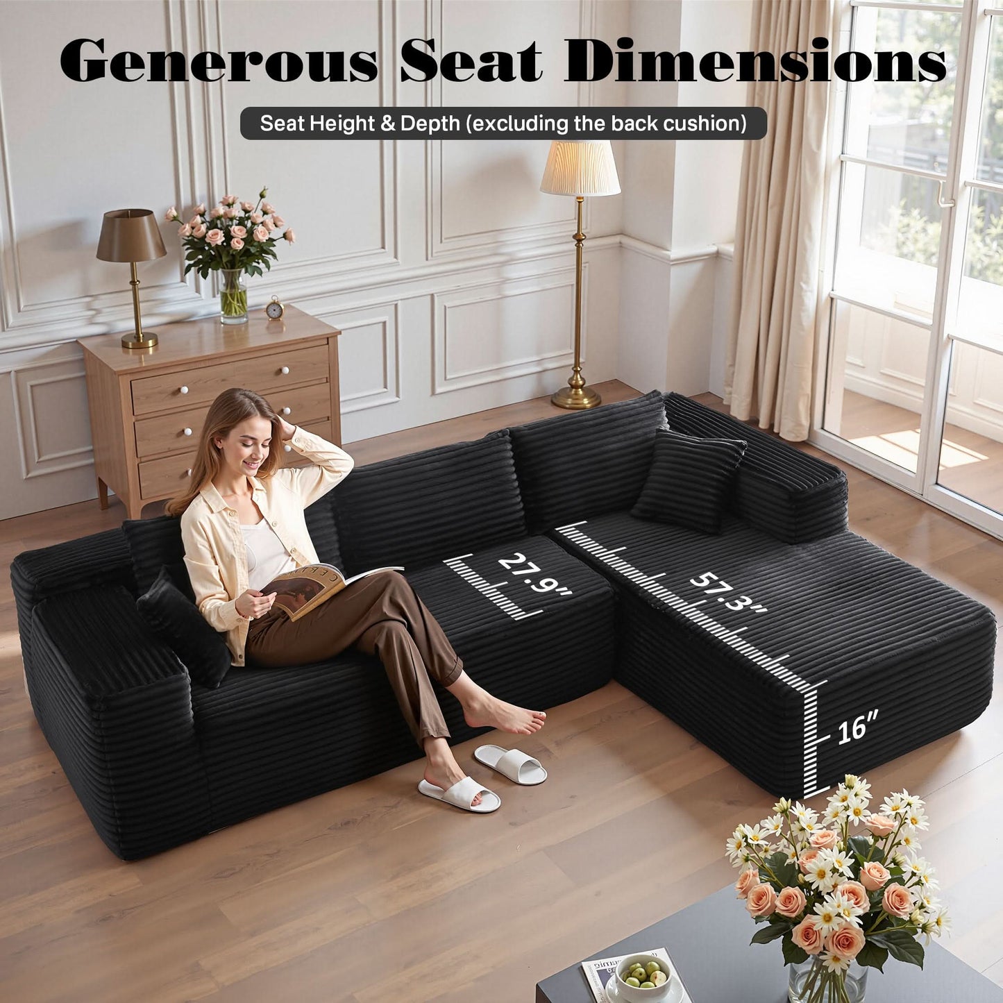 OVIOS 104" L-Shape Modular Couch with Chaise, Plush Corduroy Fabric, No Assembly Required