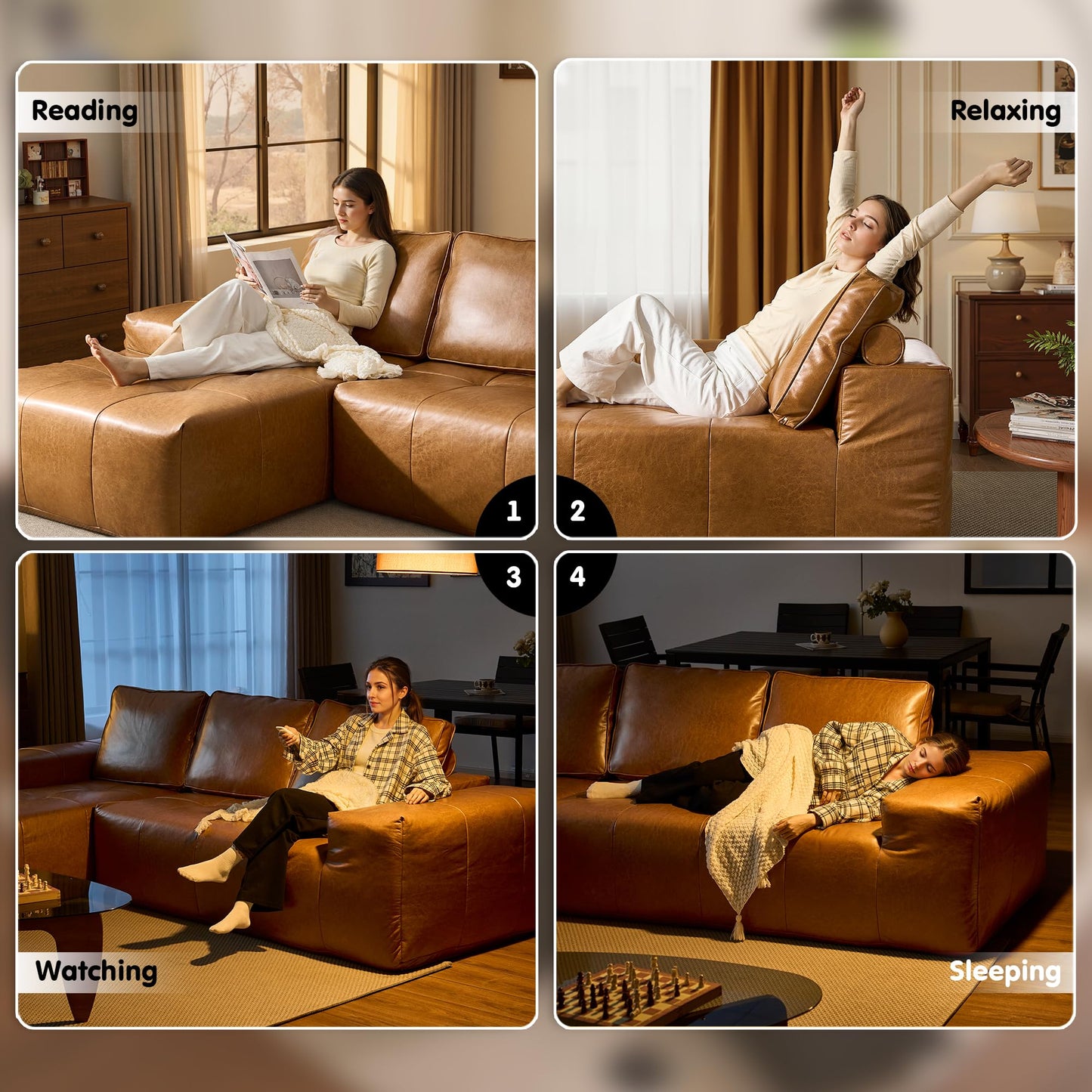 OVIOS 114" Cloud Sectional Sofa - L-Shaped Faux Leather Modular Couch with Deep Seat Chaise