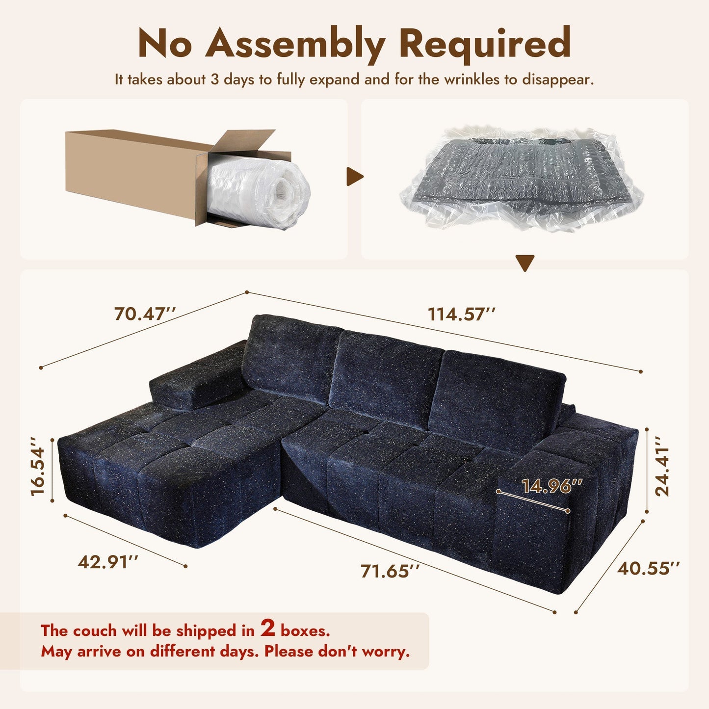 OVIOS 114" Cloud Sectional Sofa - L-Shaped Faux Leather Modular Couch with Deep Seat Chaise