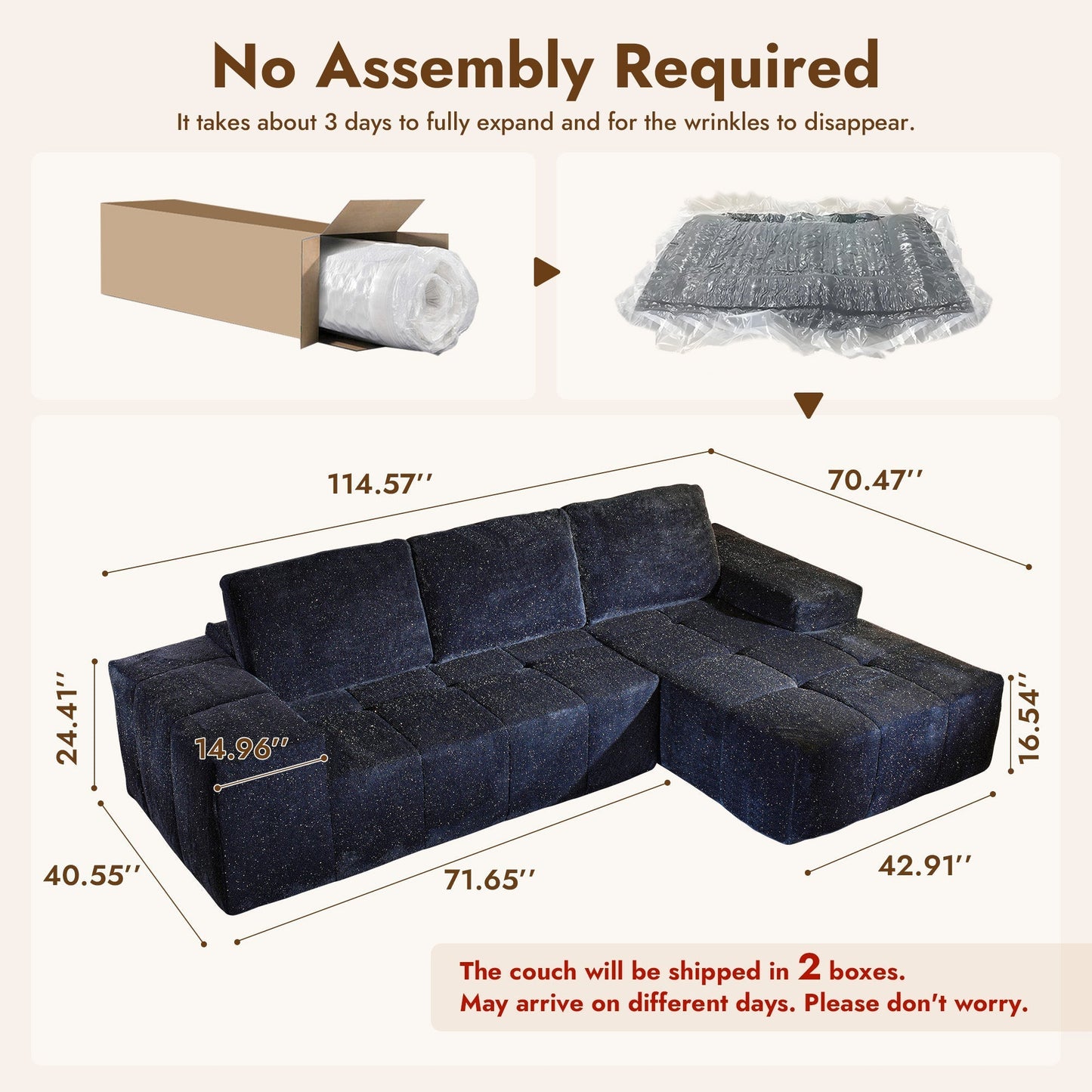 OVIOS 114" Cloud Sectional Sofa - L-Shaped Faux Leather Modular Couch with Deep Seat Chaise