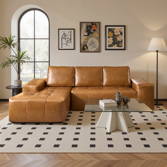 OVIOS 114" Cloud Sectional Sofa - L-Shaped Faux Leather Modular Couch with Deep Seat Chaise