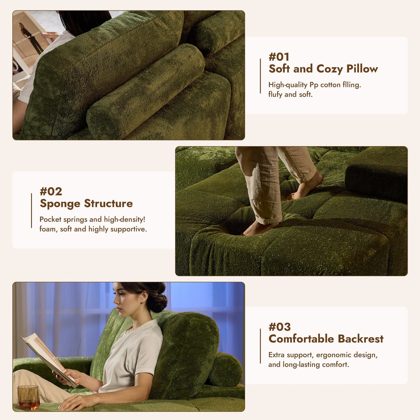 OVIOS 114" Cloud Sectional Sofa - L-Shaped Faux Leather Modular Couch with Deep Seat Chaise