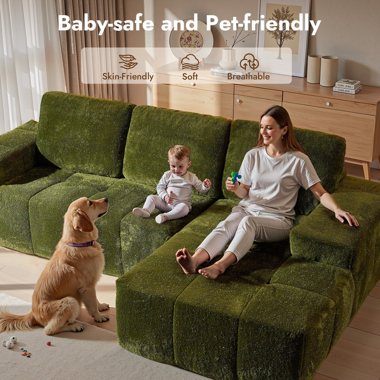 OVIOS 114" Cloud Sectional Sofa - L-Shaped Faux Leather Modular Couch with Deep Seat Chaise