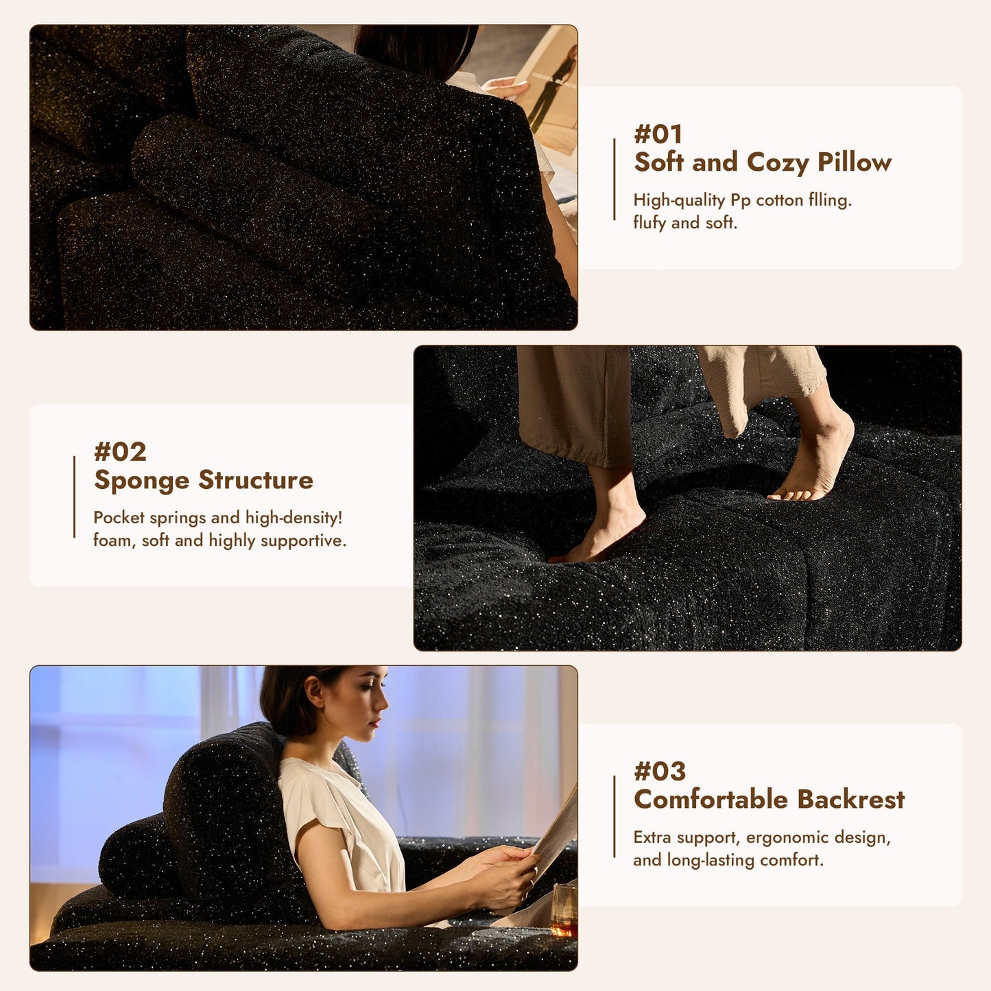 OVIOS 114" Cloud Sectional Sofa - L-Shaped Faux Leather Modular Couch with Deep Seat Chaise