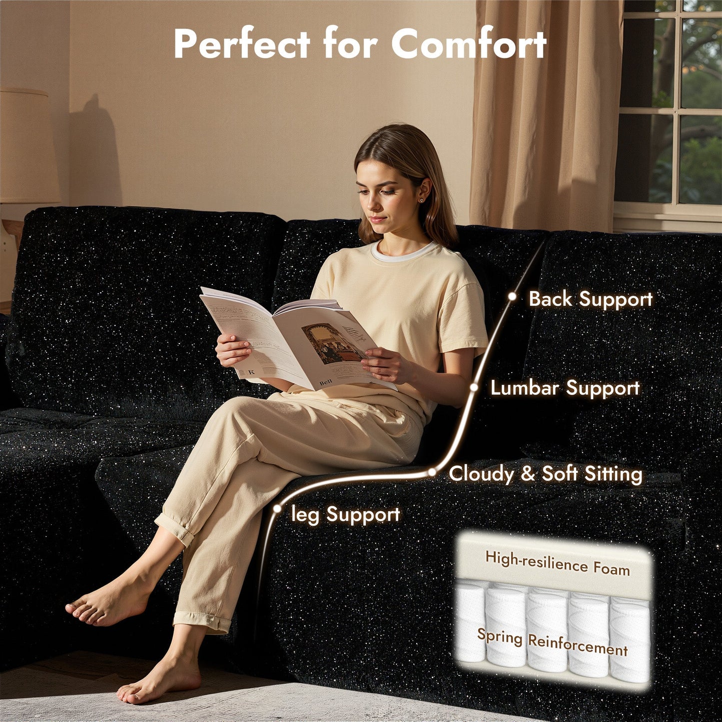 OVIOS 114" Cloud Sectional Sofa - L-Shaped Faux Leather Modular Couch with Deep Seat Chaise