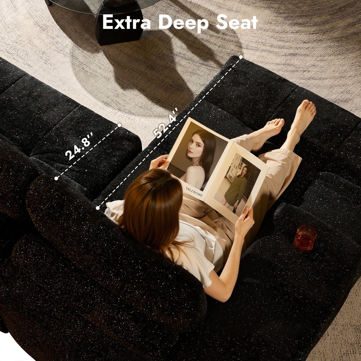 OVIOS 114" Cloud Sectional Sofa - L-Shaped Faux Leather Modular Couch with Deep Seat Chaise