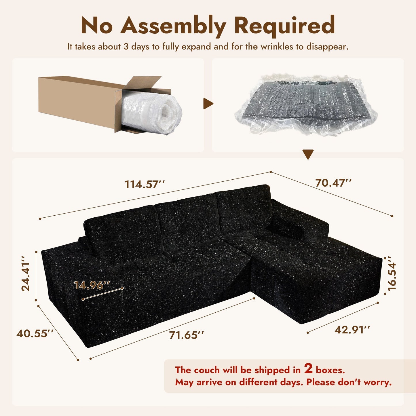 OVIOS 114" Cloud Sectional Sofa - L-Shaped Faux Leather Modular Couch with Deep Seat Chaise