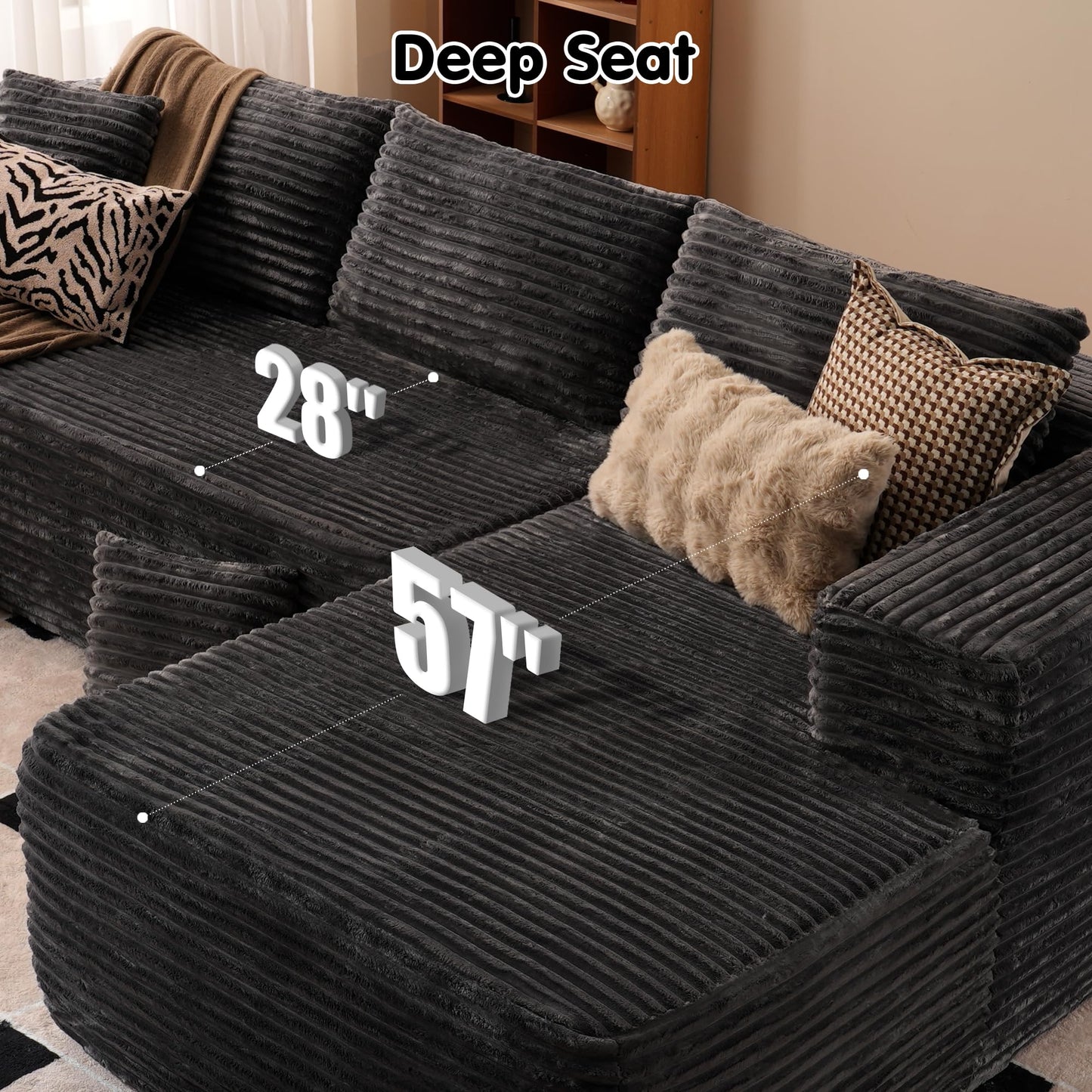 OVIOS 104" L-Shape Modular Couch with Chaise,Corduroy Fabric,No Assembly Required