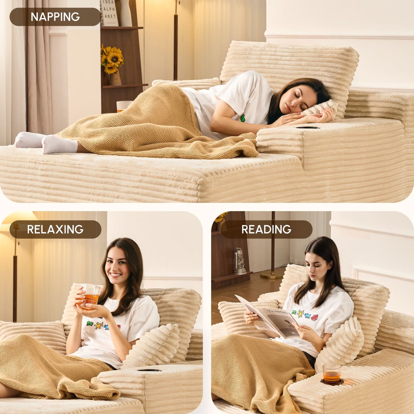 OVIOS 67'' Chaise Lounge Chair with Cup Holders