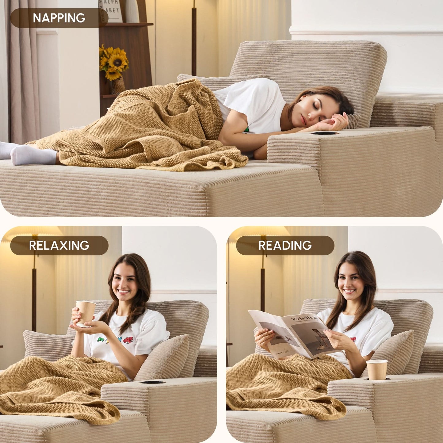 OVIOS 67'' Oversized Chaise Lounge ,Corduroy Sleeper Sofa with Cup Holders