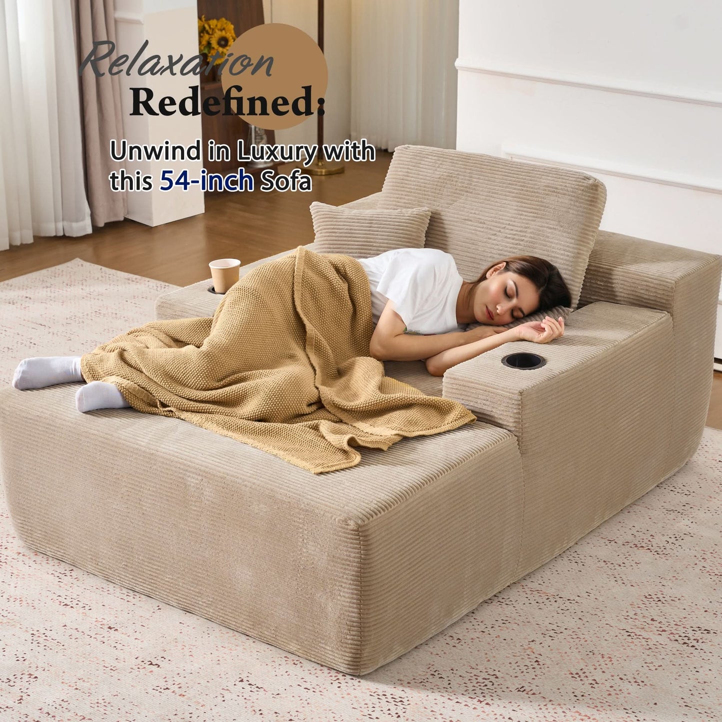 OVIOS 67'' Oversized Chaise Lounge ,Corduroy Sleeper Sofa with Cup Holders