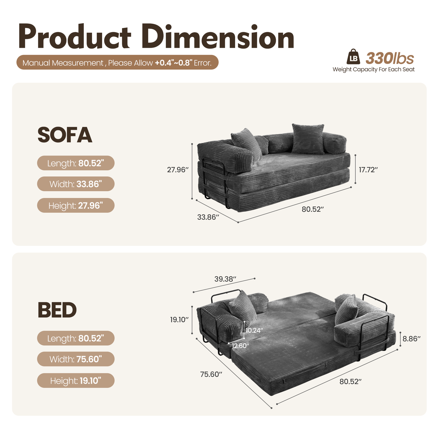 Ovios 80" Convertible Modular Sofa Bed