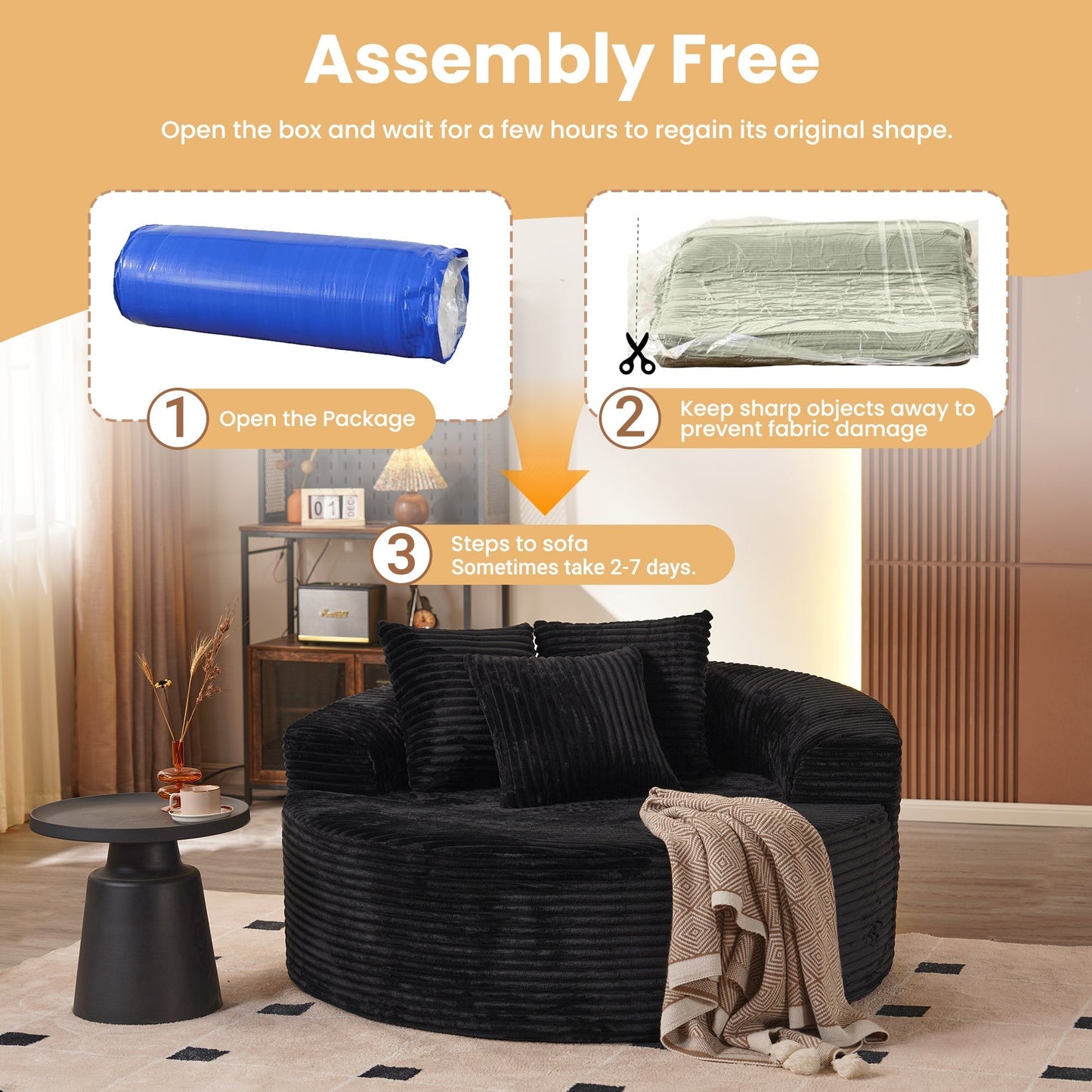 OVIOS 59" O-Shape Modular Couch, Plush Corduroy Fabric, No Assembly Required