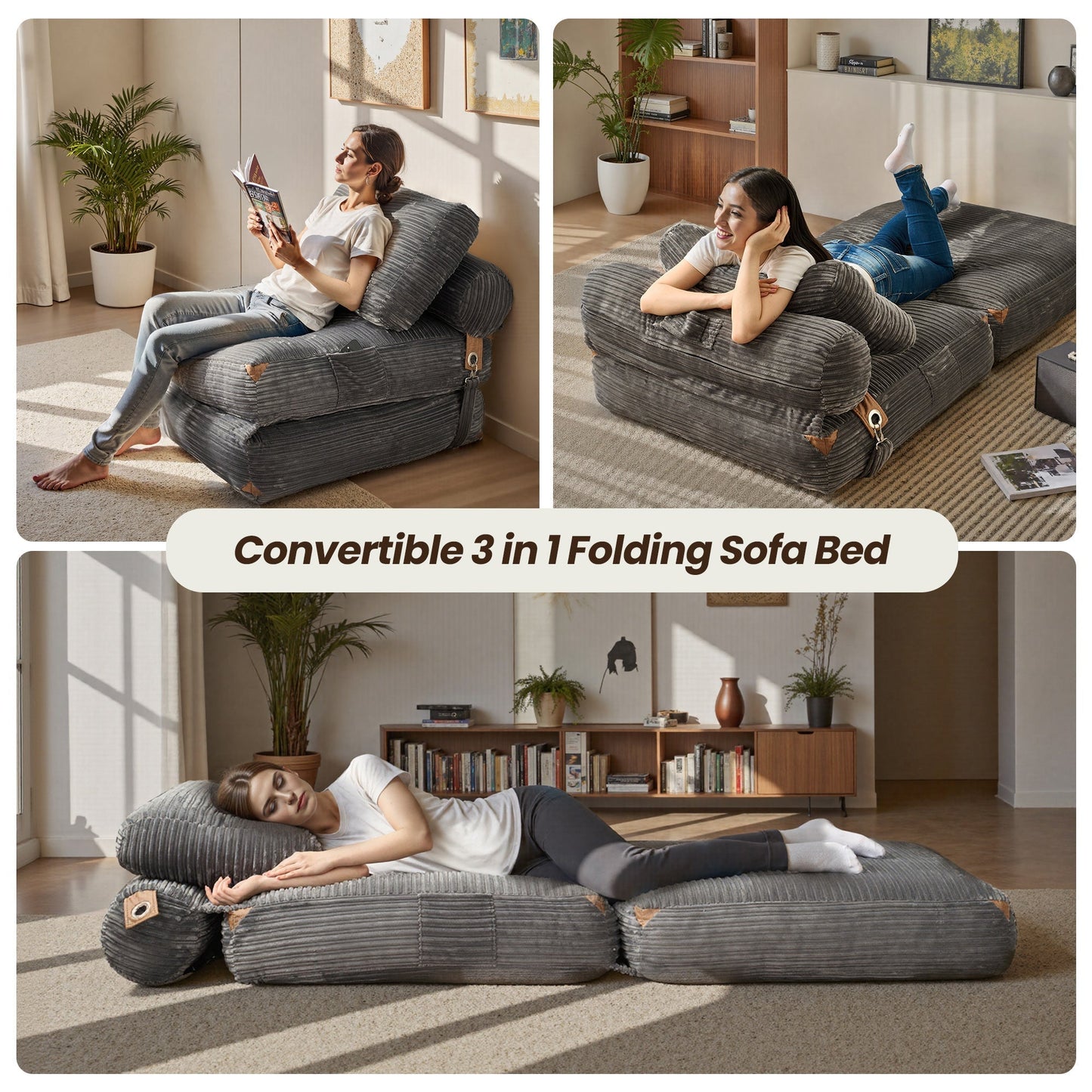 OVIOS Bean Bag Bed Folding Sofa Bed – Convertible Sleeper Chair with Pillow & Back Support