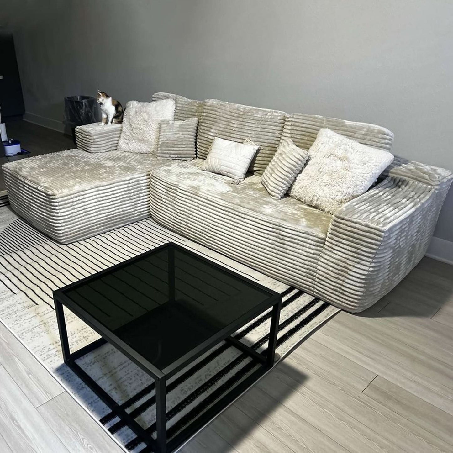 OVIOS 104" L-Shape Modular Couch with Chaise, Plush Corduroy Fabric, No Assembly Required