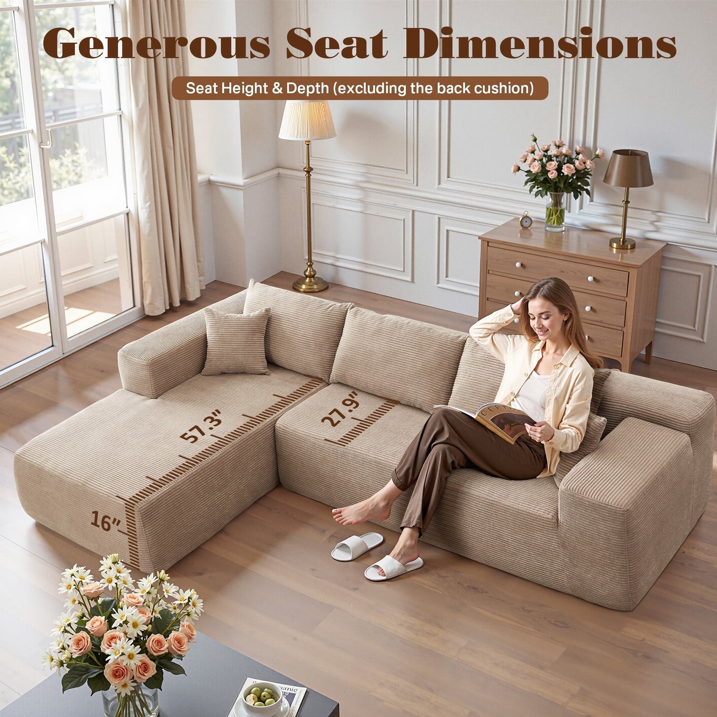 OVIOS 104" L-Shape Modular Couch with Chaise,Corduroy Fabric,No Assembly Required