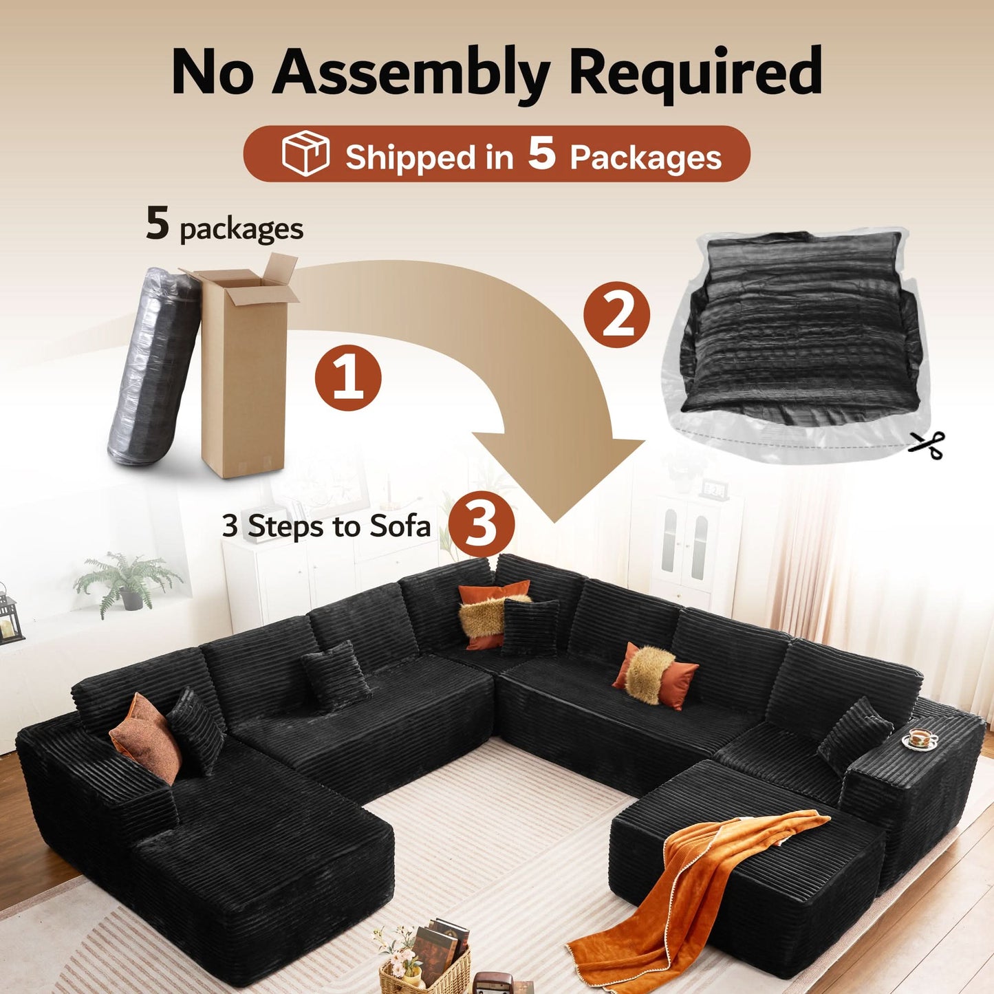 OVIOS Cloud Couch U-Shaped,Plush Corduroy Sofa,No Assembly Required