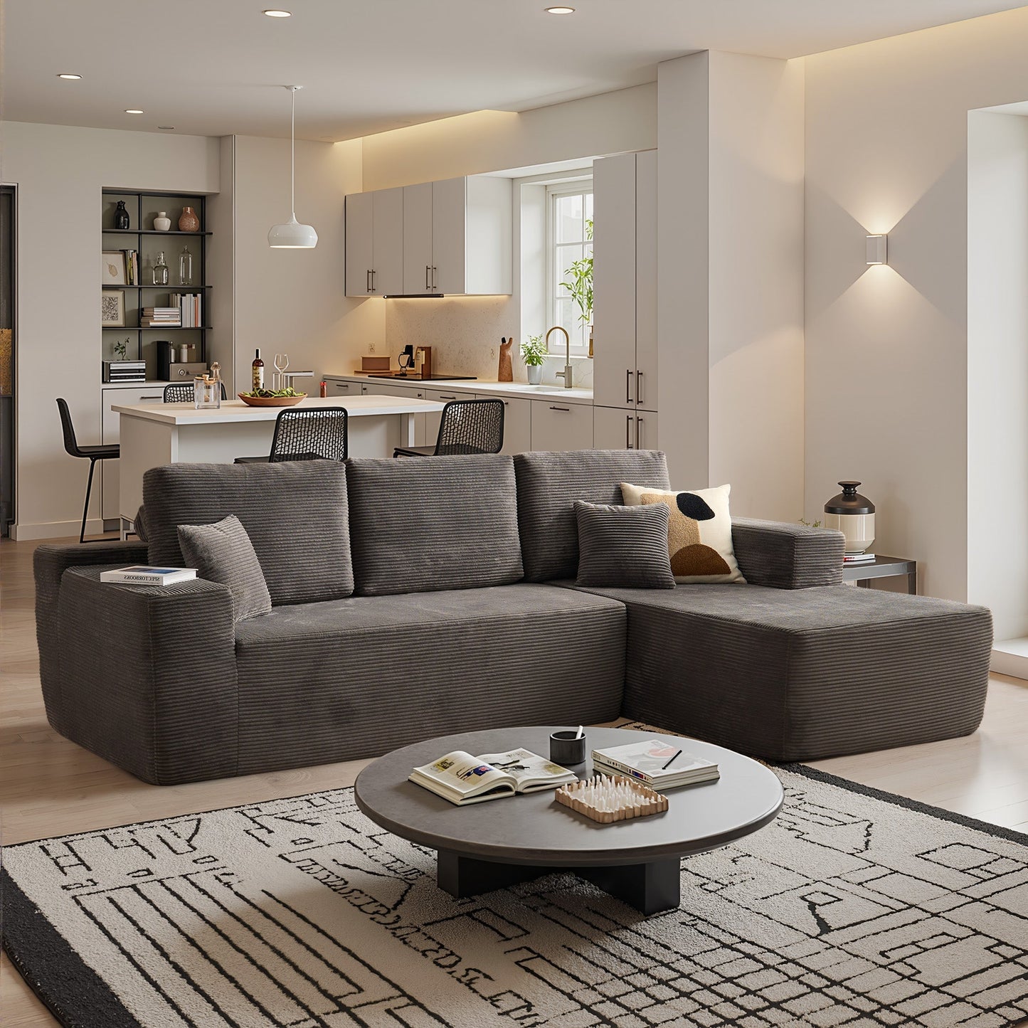 OVIOS 104" L-Shape Modular Couch with Chaise,Corduroy Fabric,No Assembly Required