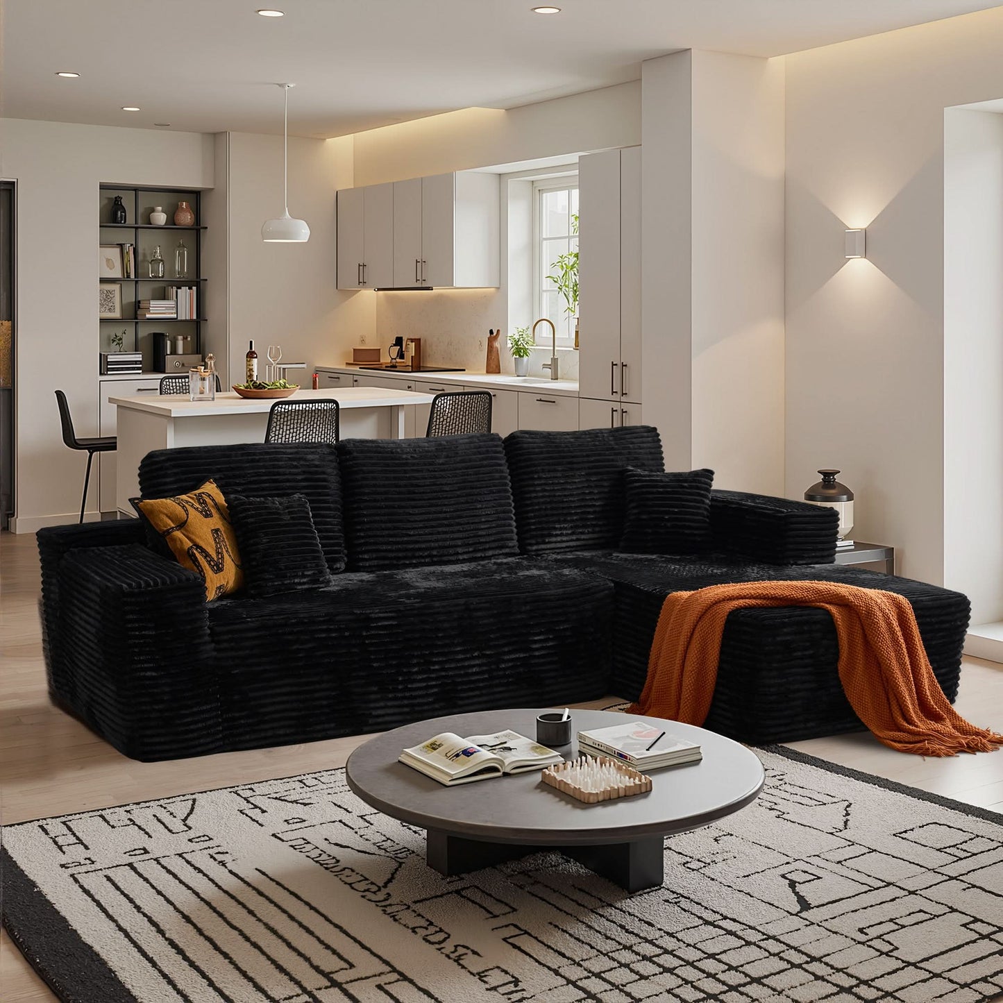 OVIOS 104" L-Shape Modular Couch with Chaise, Plush Corduroy Fabric, No Assembly Required