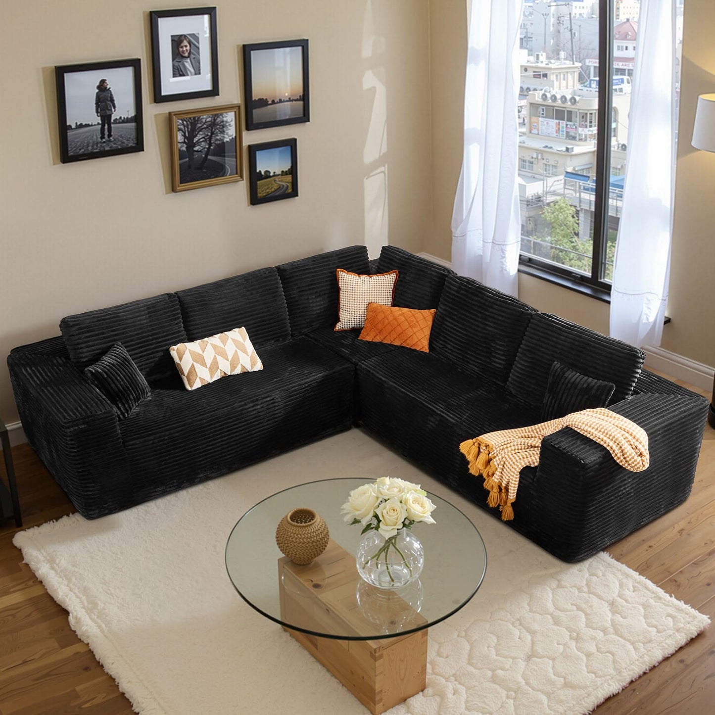 OVIOS Modular Cloud Sofa with Memory Foam, L-Shaped Chaise & Corduroy Upholstery - No Assembly Required