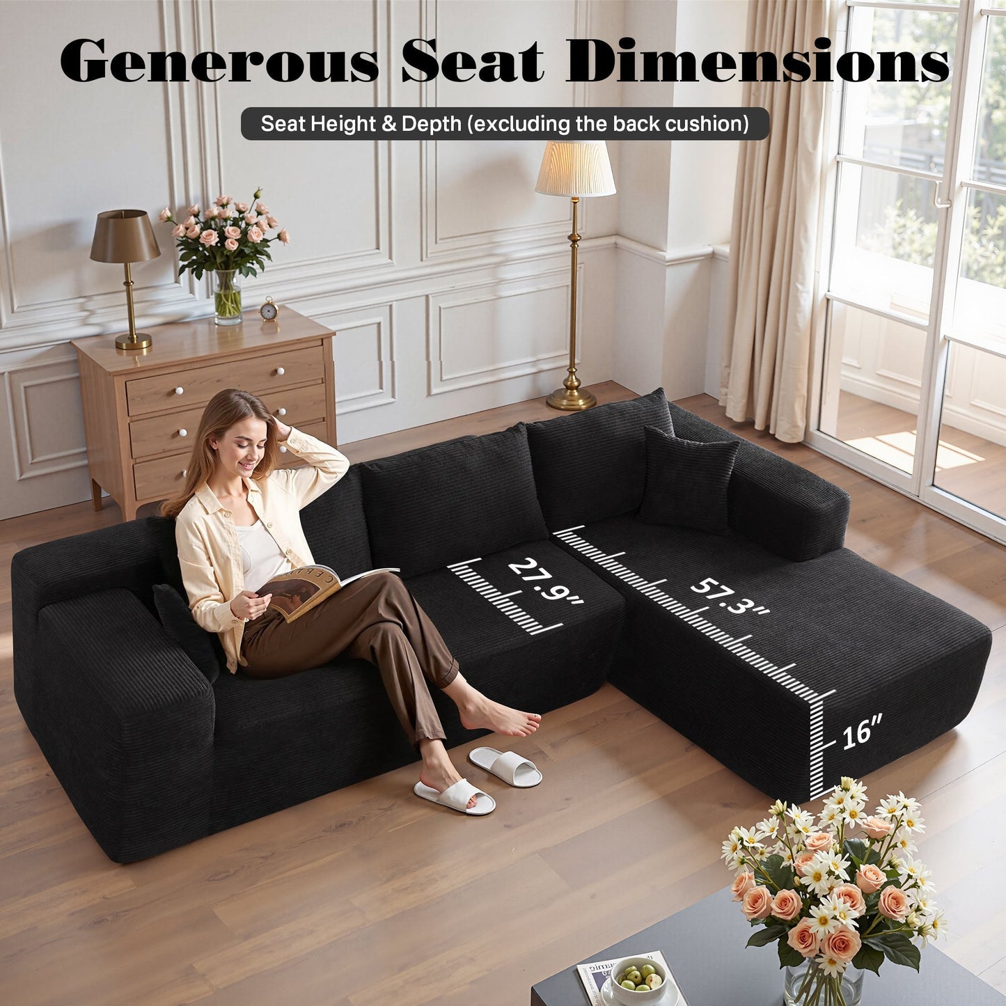 OVIOS 104" L-Shape Modular Couch with Chaise,Corduroy Fabric,No Assembly Required