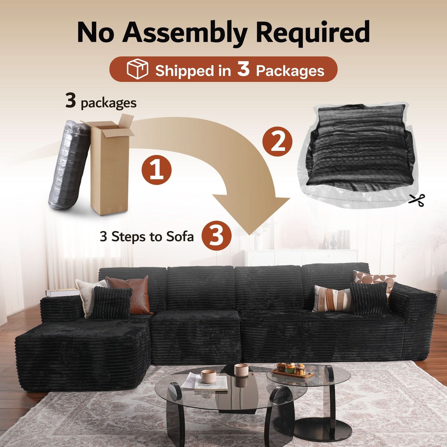 OVIOS Modular Cloud Sofa with Memory Foam, L-Shaped Chaise, Corduroy Upholstery - No Assembly Needed