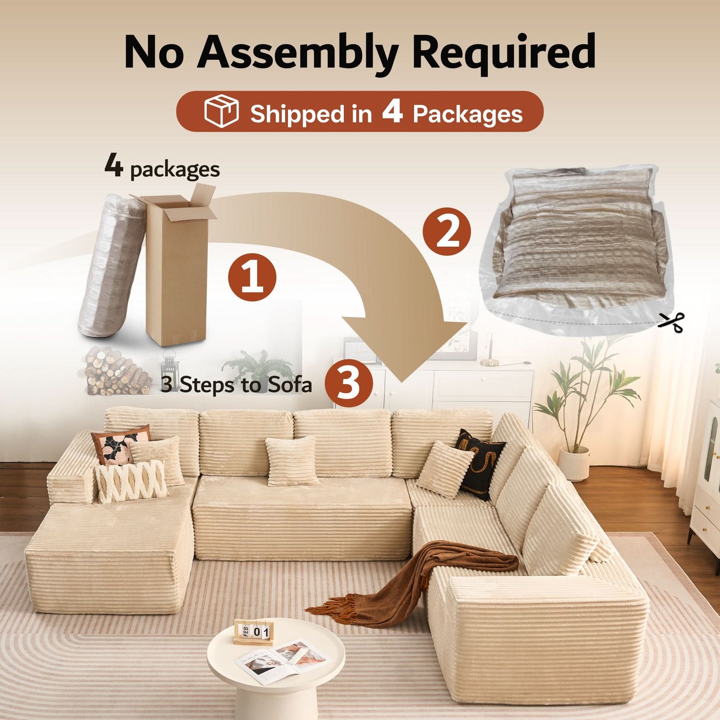 OVIOS Memory Foam Cloud Sofa: Modular L-Shape Chaise in Corduroy Fabric, No Assembly Required