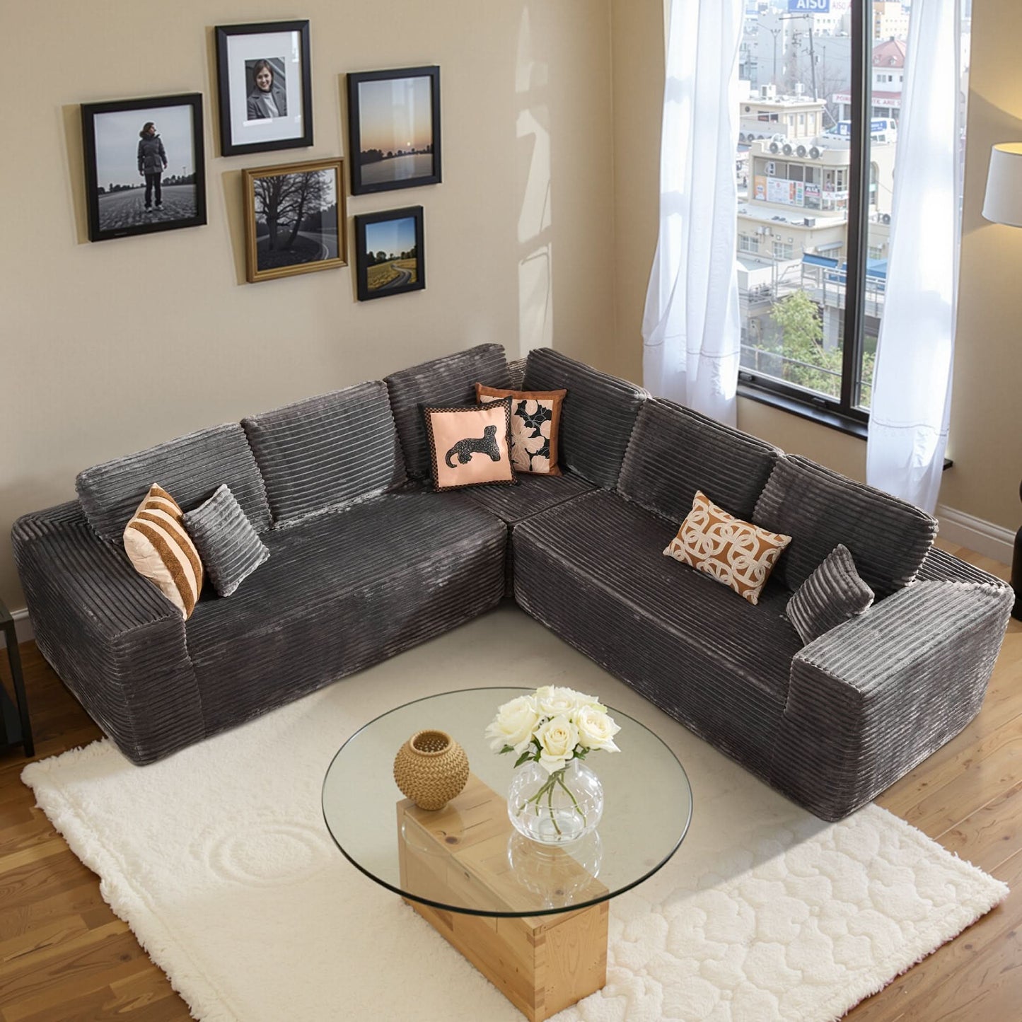 OVIOS Modular Cloud Sofa with Memory Foam, L-Shaped Chaise & Corduroy Upholstery - No Assembly Required