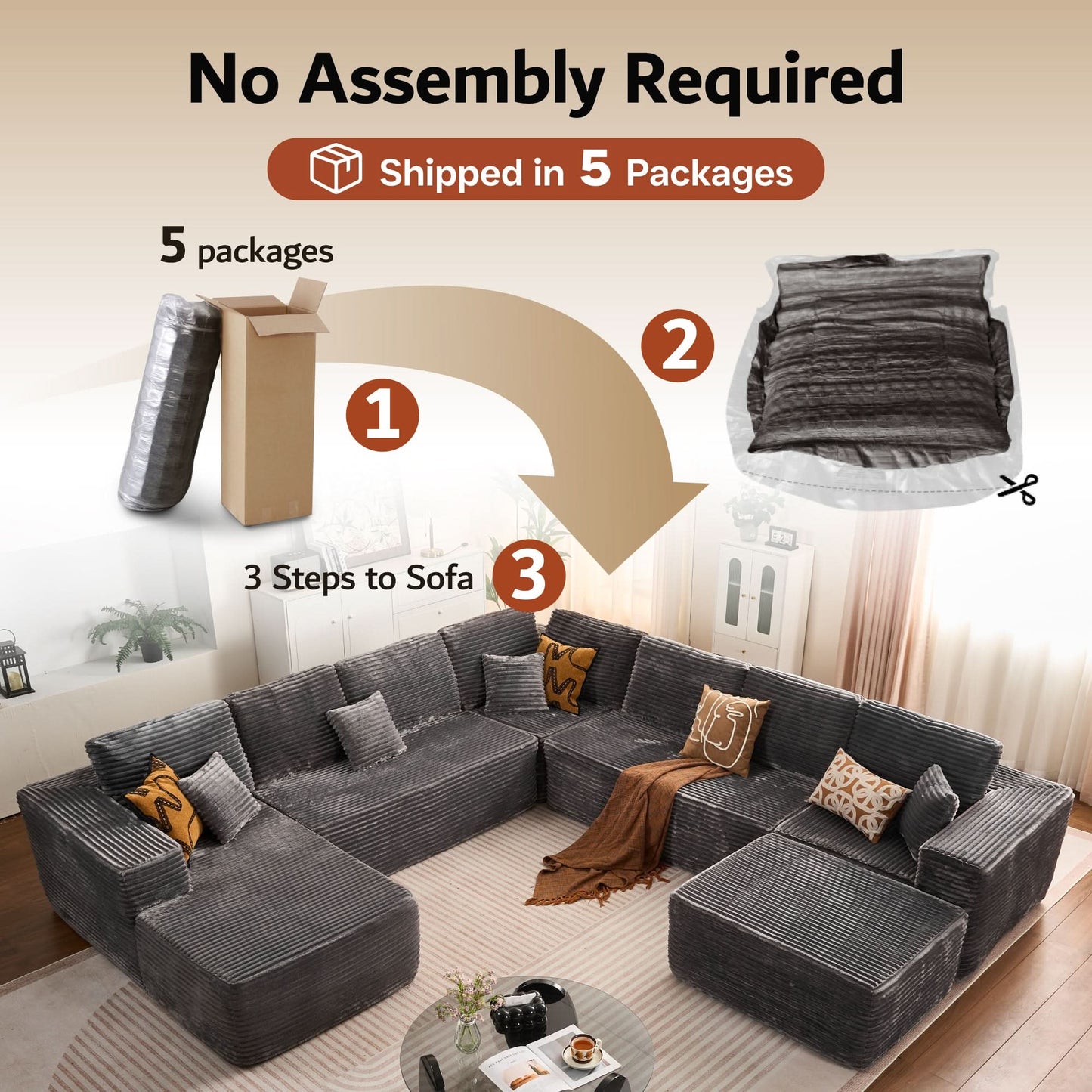 OVIOS Cloud Couch U-Shaped,Plush Corduroy Sofa,No Assembly Required