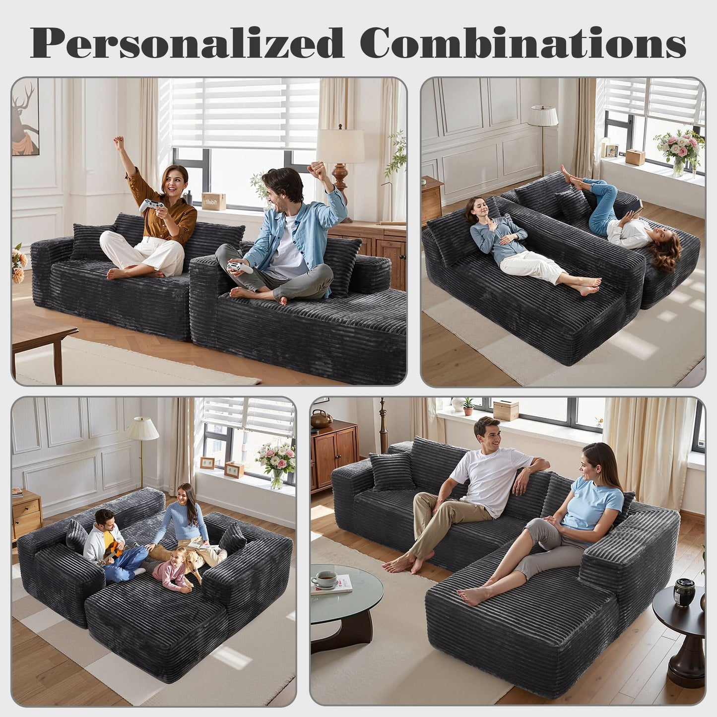 OVIOS 104" L-Shape Modular Couch with Chaise, Plush Corduroy Fabric, No Assembly Required