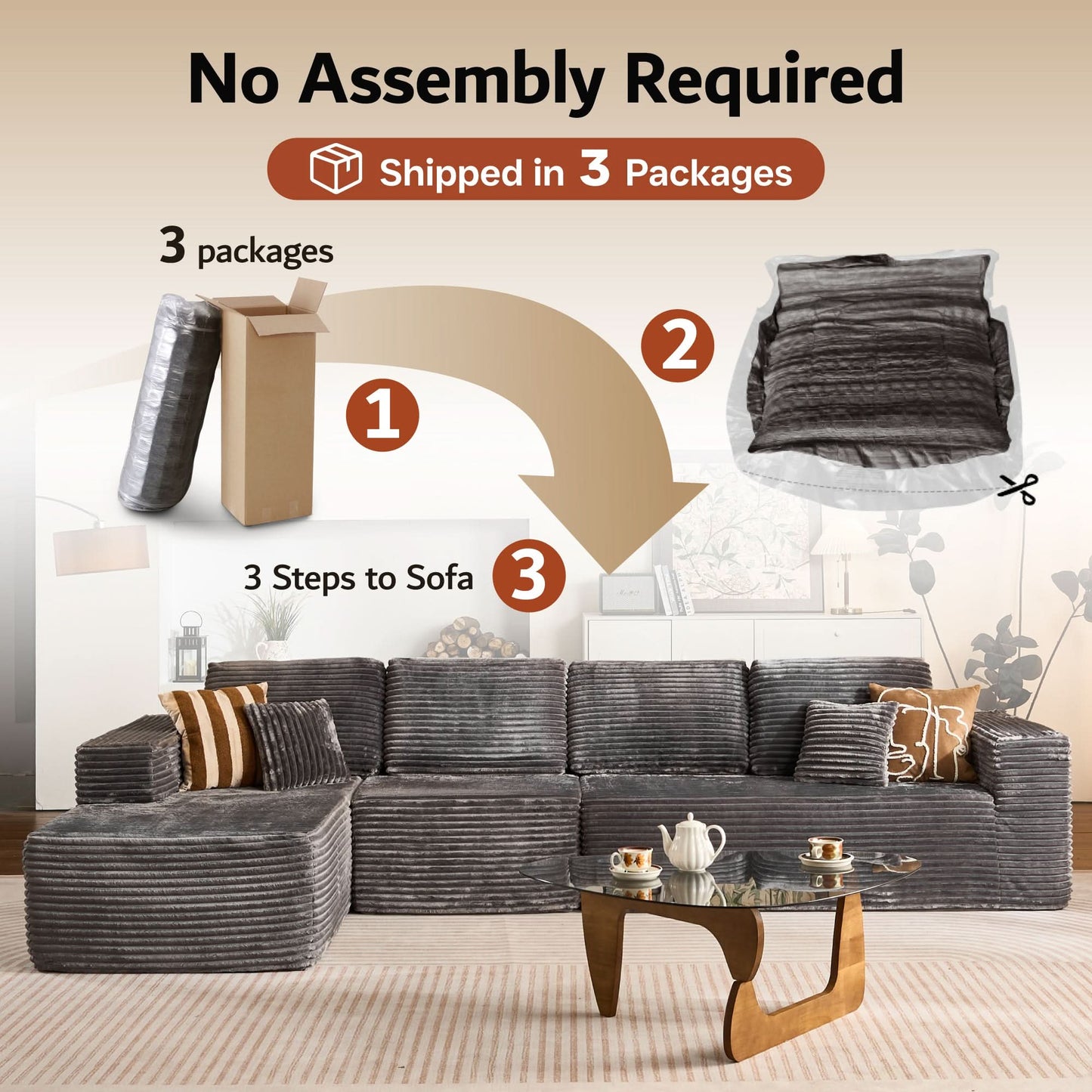 OVIOS Modular Cloud Sofa with Memory Foam, L-Shaped Chaise, Corduroy Upholstery - No Assembly Needed