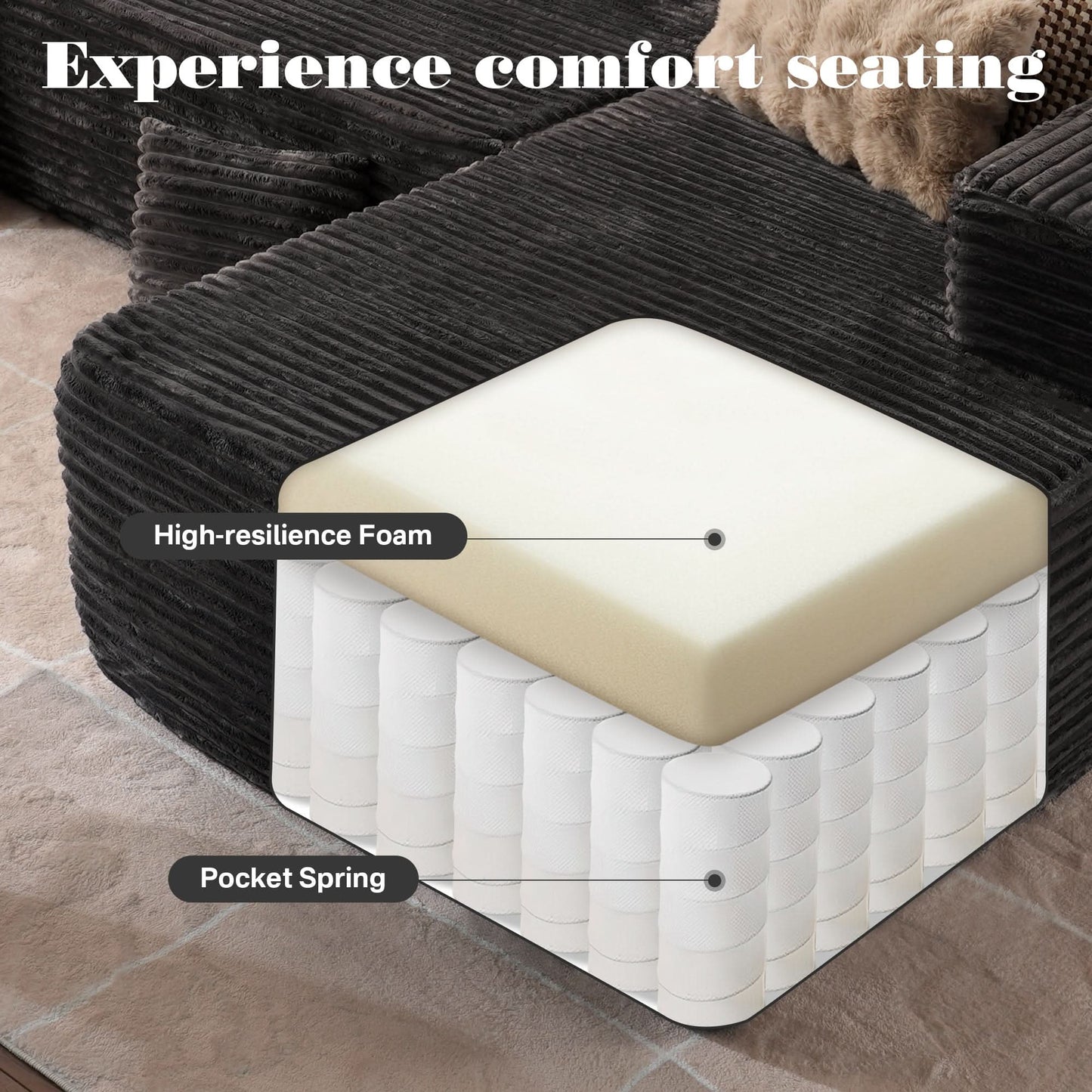 OVIOS 104" L-Shape Modular Couch with Chaise, Plush Corduroy Fabric, No Assembly Required