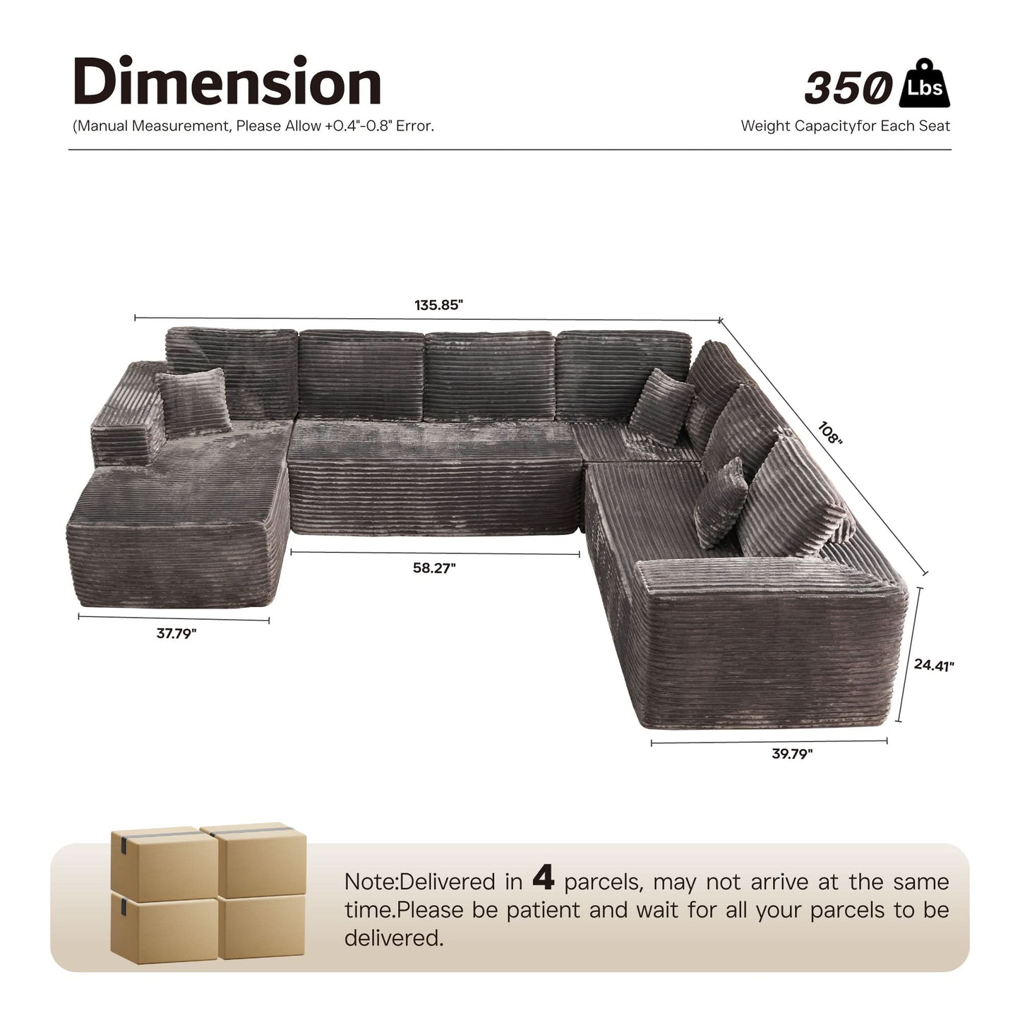 OVIOS Memory Foam Cloud Sofa: Modular L-Shape Chaise in Corduroy Fabric, No Assembly Required