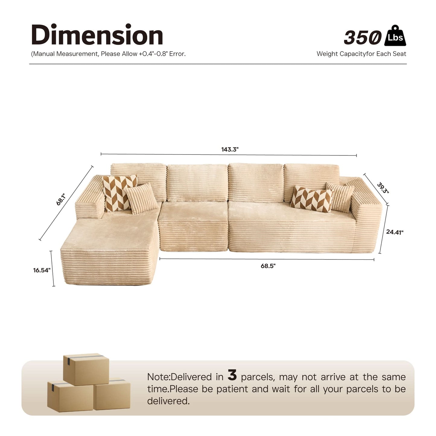 OVIOS Modular Cloud Sofa with Memory Foam, L-Shaped Chaise, Corduroy Upholstery - No Assembly Needed