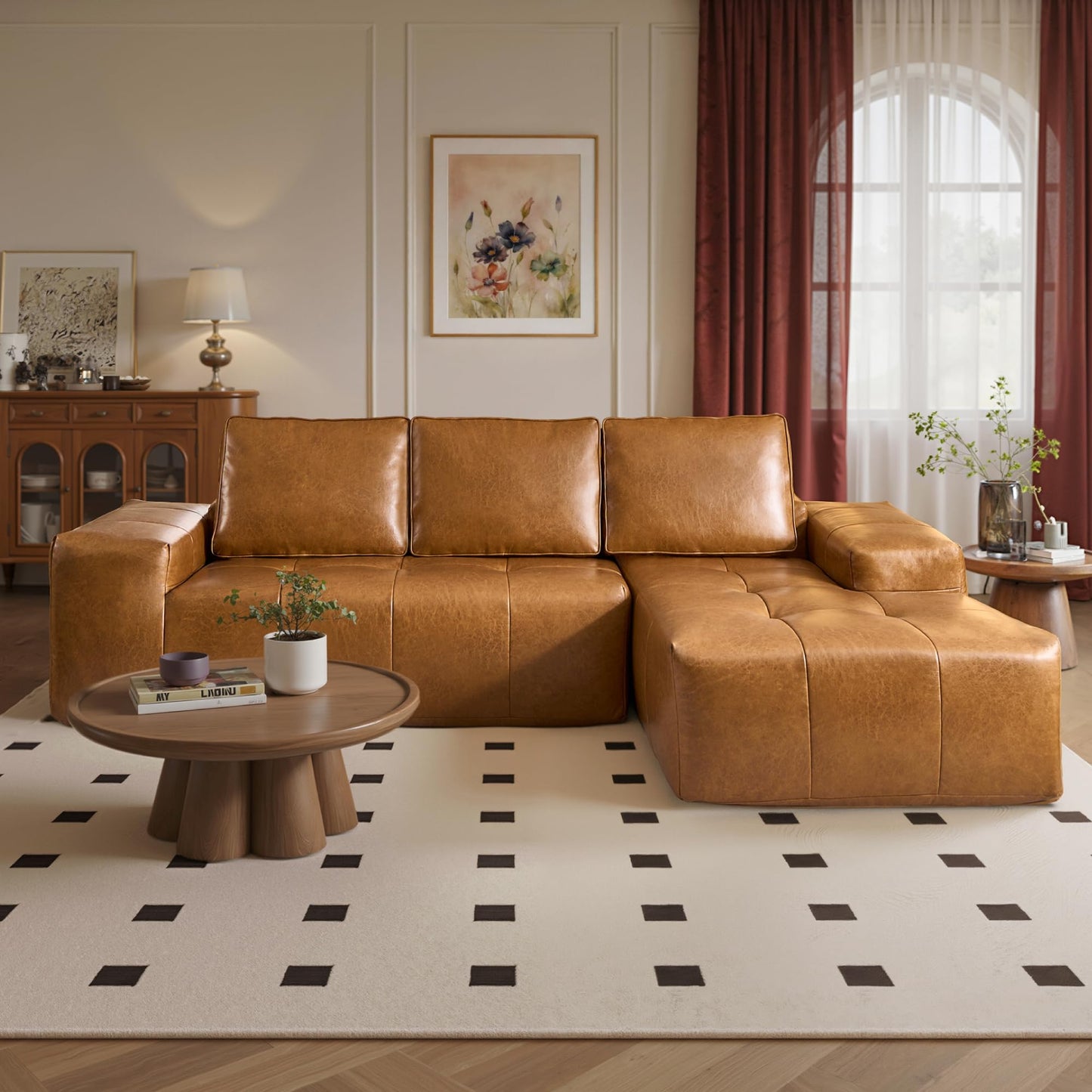 OVIOS 114" Cloud Sectional Sofa - L-Shaped Faux Leather Modular Couch with Deep Seat Chaise