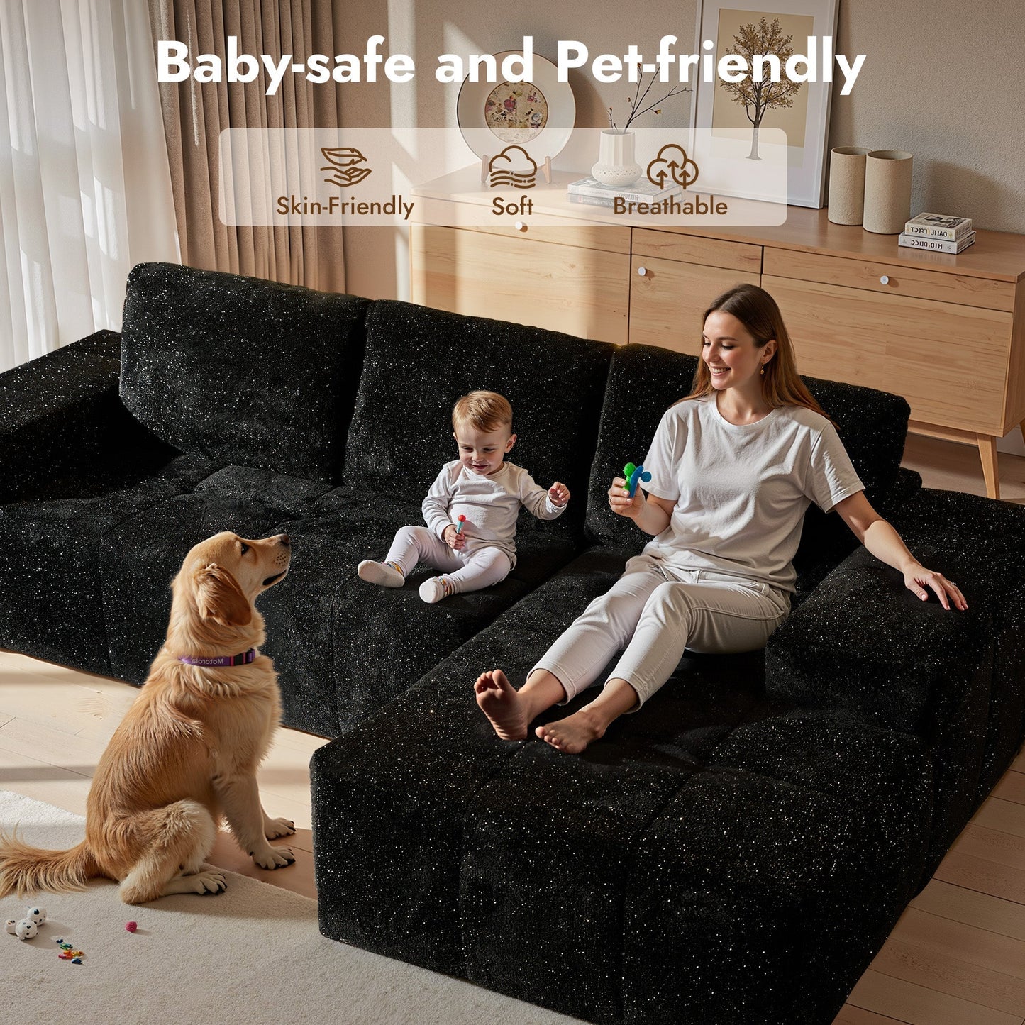 OVIOS 114" Cloud Sectional Sofa - L-Shaped Faux Leather Modular Couch with Deep Seat Chaise