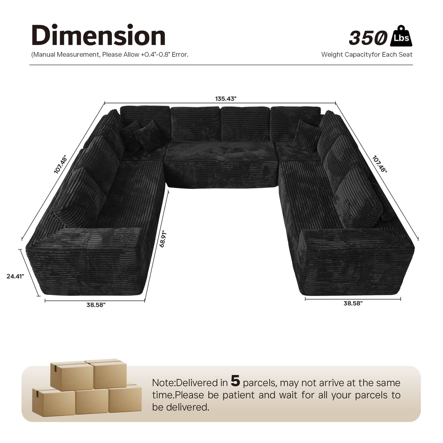 OVIOS Modular Cloud Sofa Corduroy with Memory Foam, U-Shaped Chaise, No Assembly Required