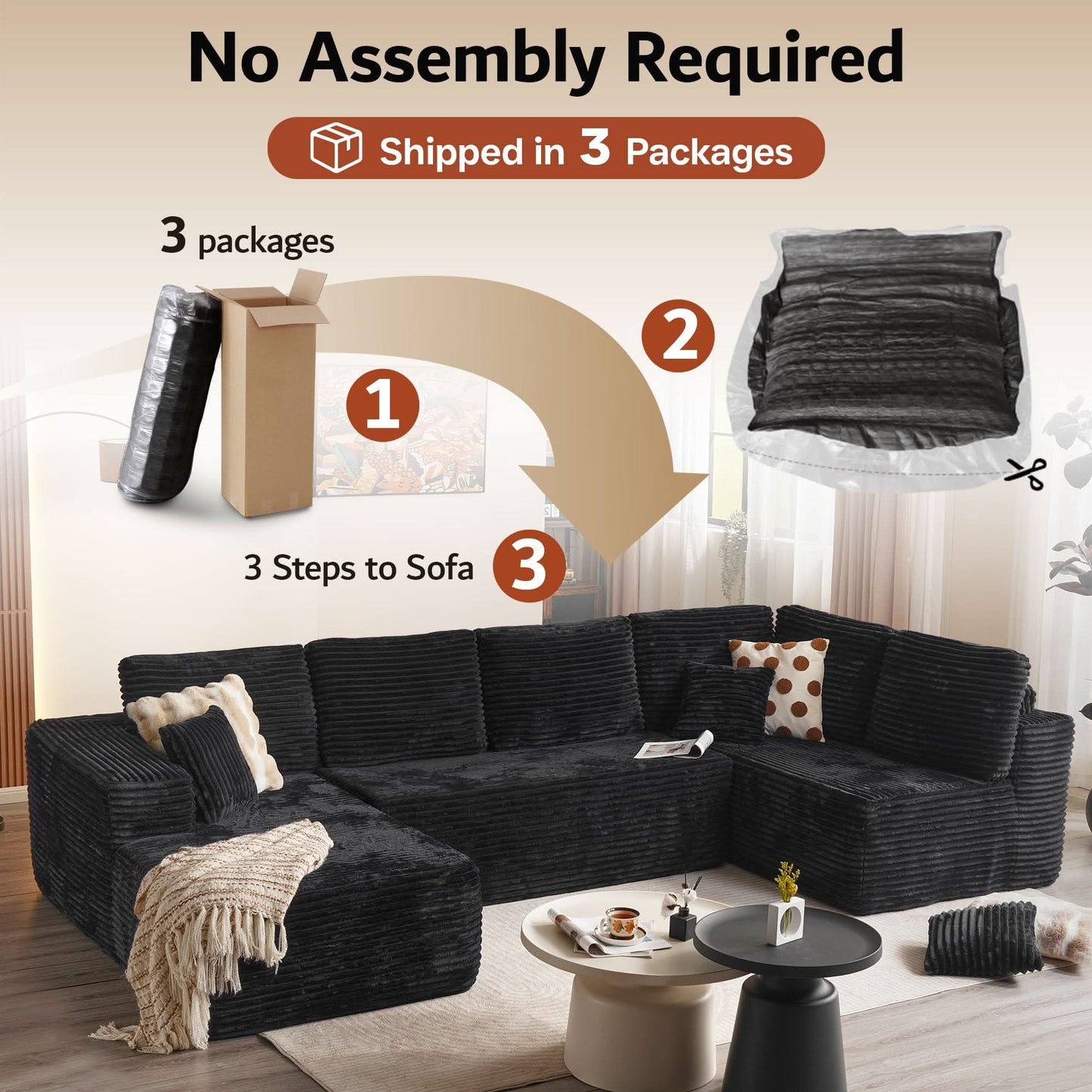 OVIOS Modular Sectional Cloud Sofa, Plush Corduroy with Memory Foam, U-Shaped Chaise, No Assembly Required