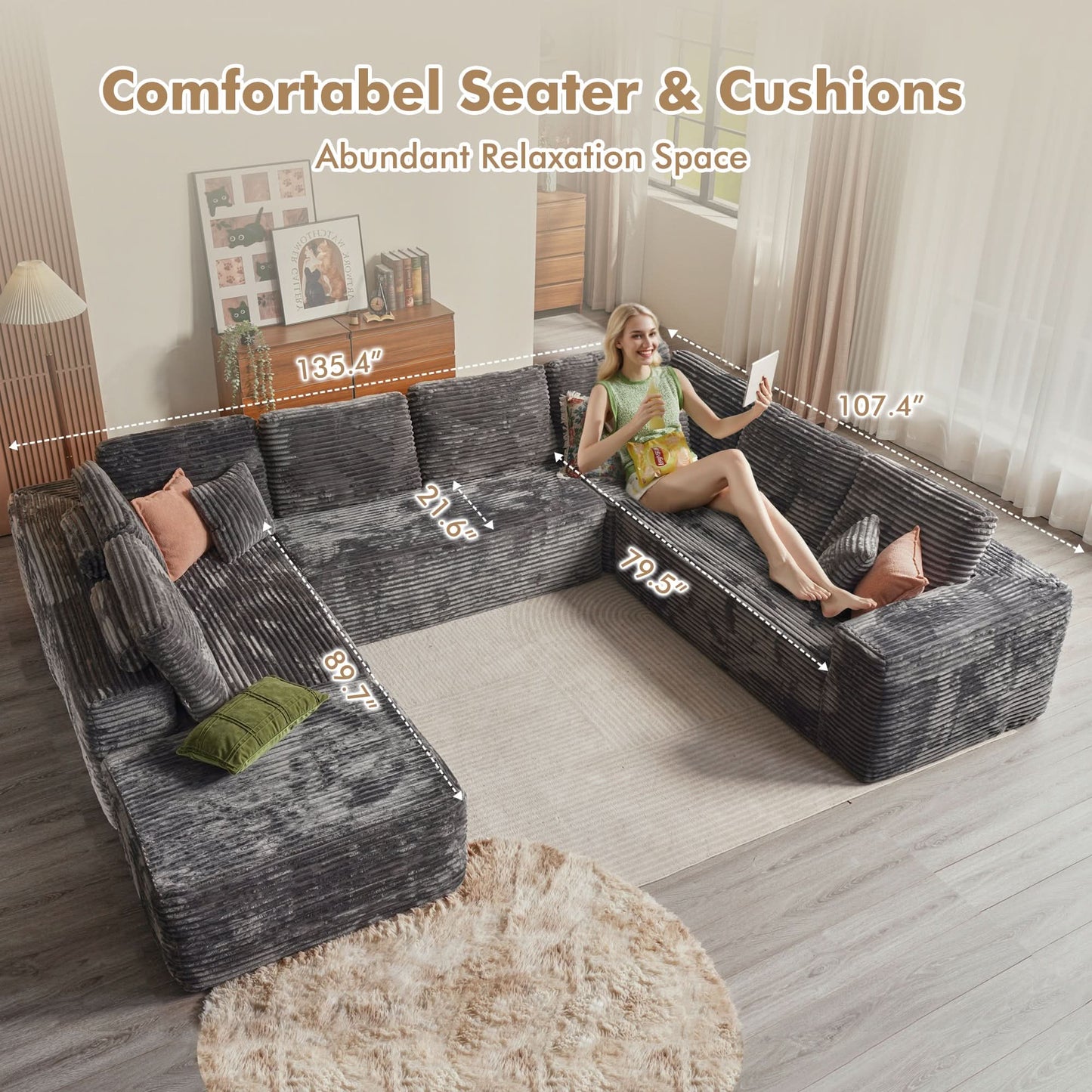 OVIOS Modular Cloud Sofa with Memory Foam, U-Shaped Chaise, Corduroy Upholstery - No Assembly Needed