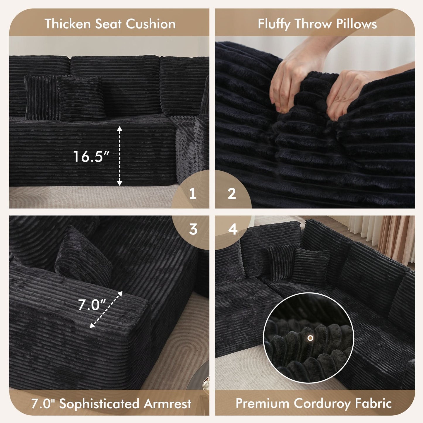 OVIOS Modular Cloud Sofa with Memory Foam, L-Shaped Chaise & Corduroy Upholstery - No Assembly Required