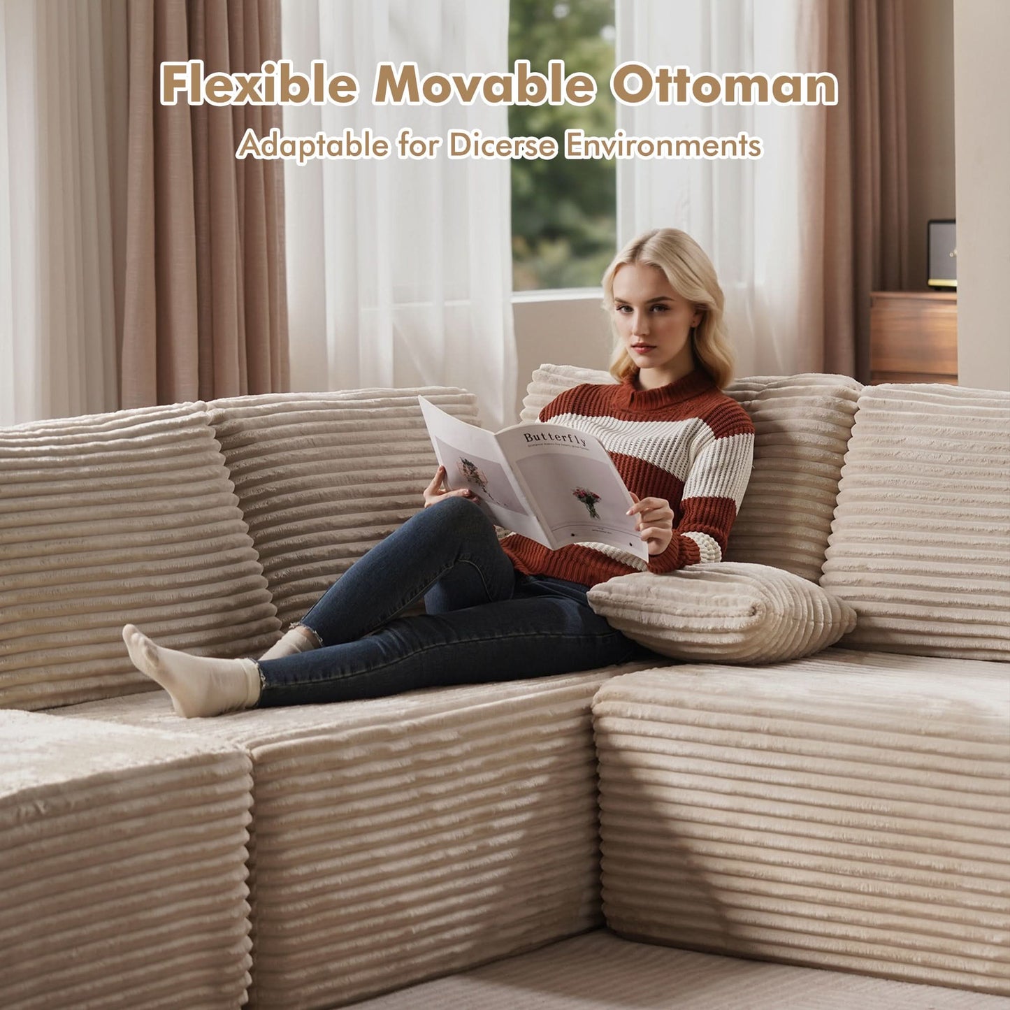OVIOS Modular Cloud Sofa with Memory Foam & L-Shaped Chaise,Corduroy Fabric Sofa, No Assembly Required